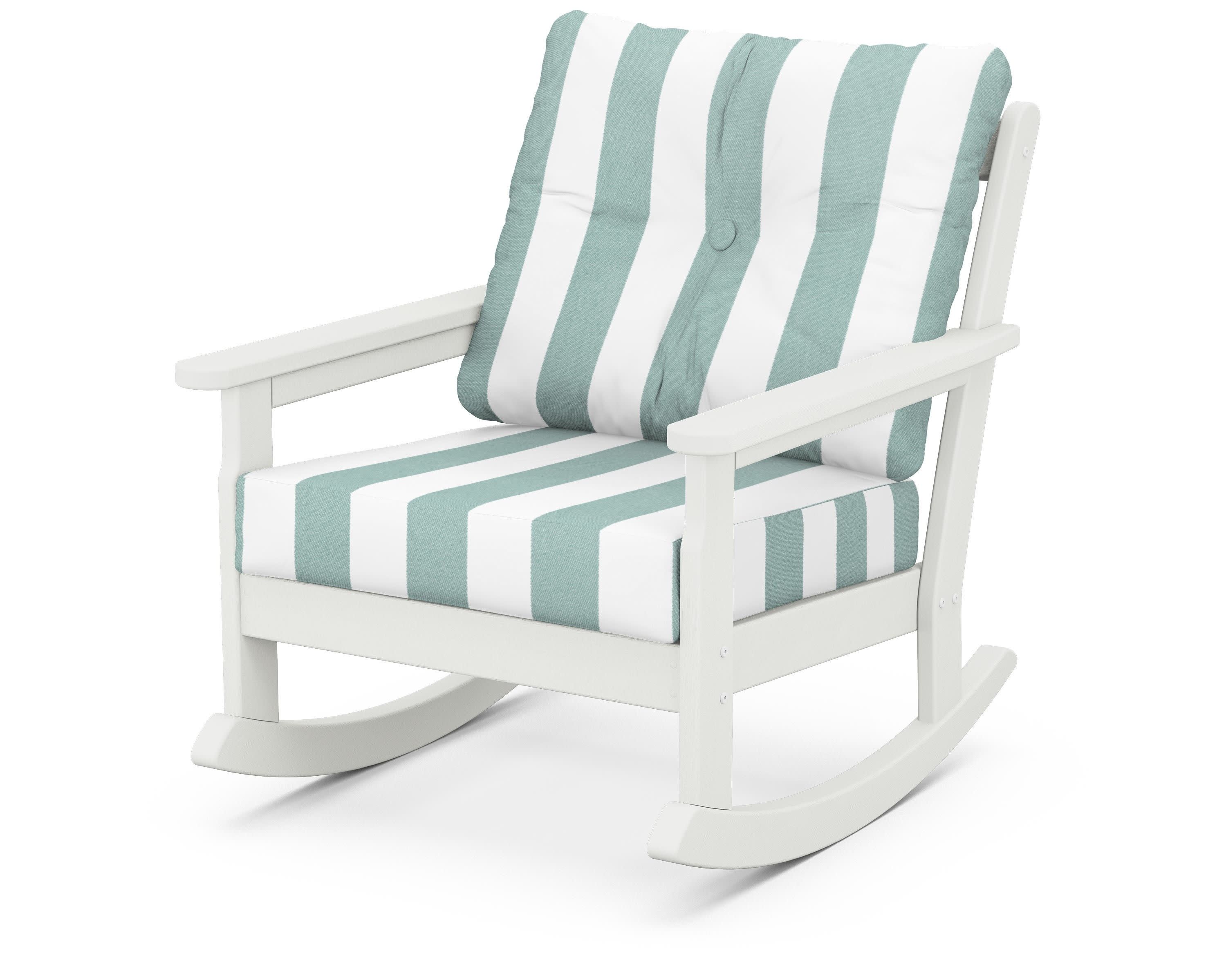 Vineyard Deep Seating Rocking Chair in Vintage White / Cabana Stripe Glacier Spa