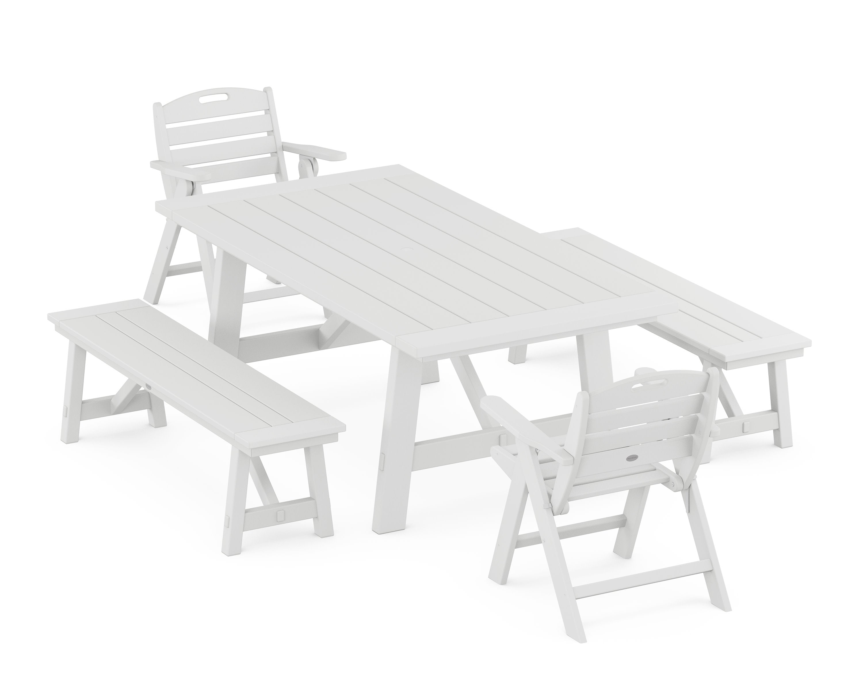 Nautical Folding Lowback Chair 5-Piece Rustic Farmhouse Dining Set With Benches in White