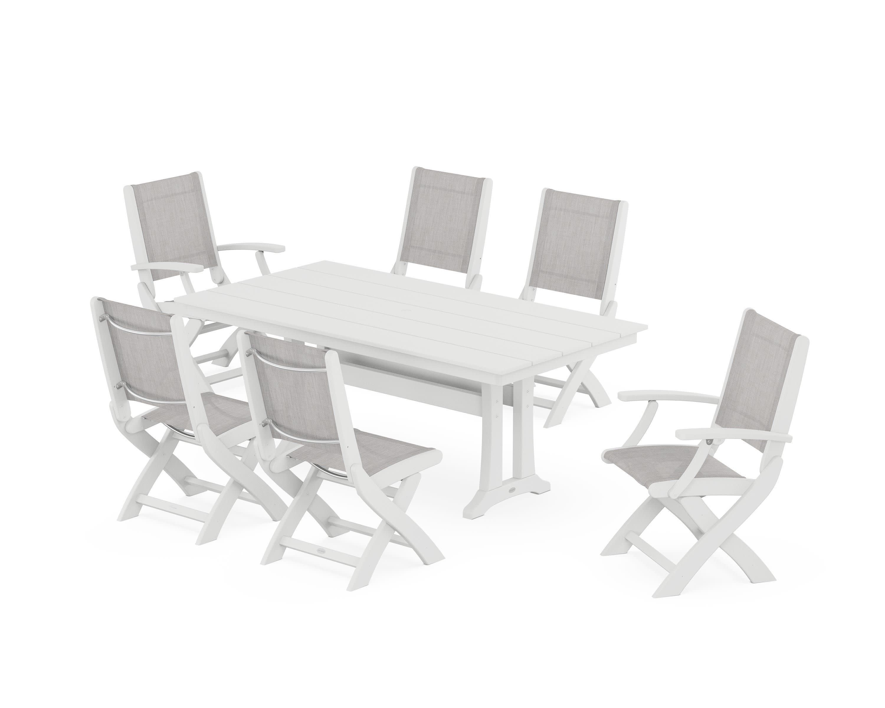 Coastal Folding Chair 7-Piece Farmhouse Dining Set with Trestle Legs in White / Parchment Sling