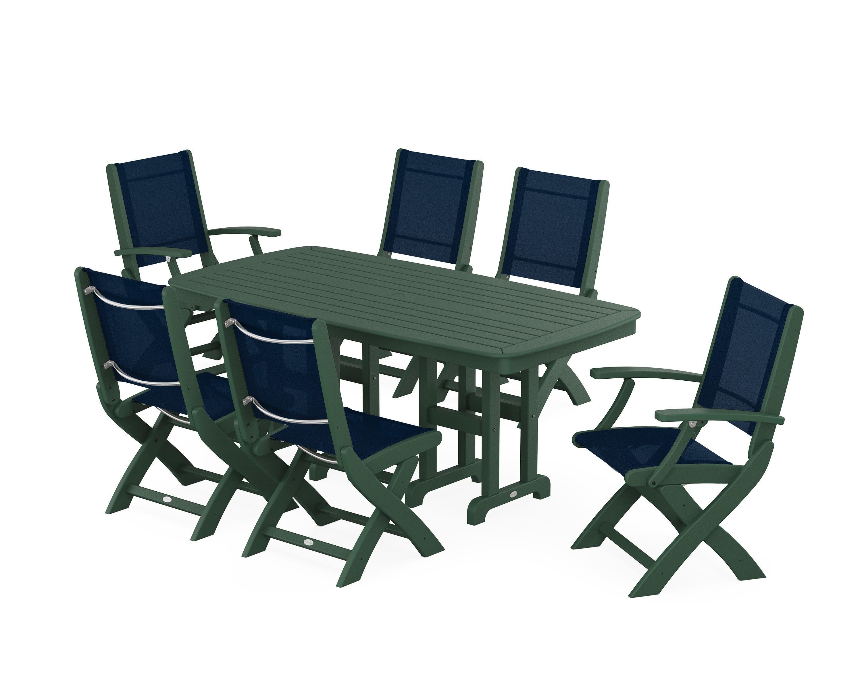 Coastal Folding Chair 7-Piece Dining Set in Green / Navy Blue Sling