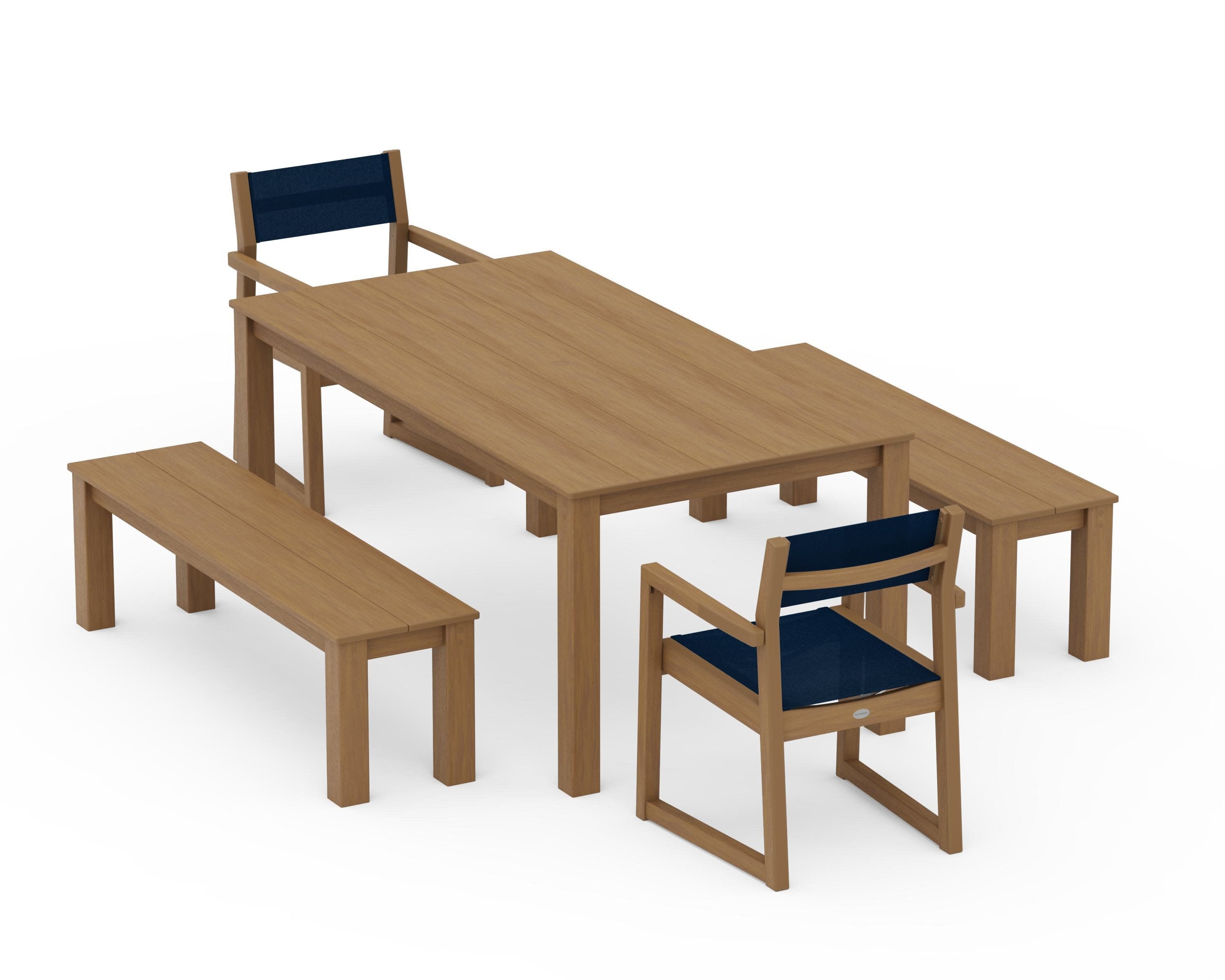 EDGE Sling Arm Chair 5-Piece Parsons Dining Set with Benches in Natural / Navy Blue Sling