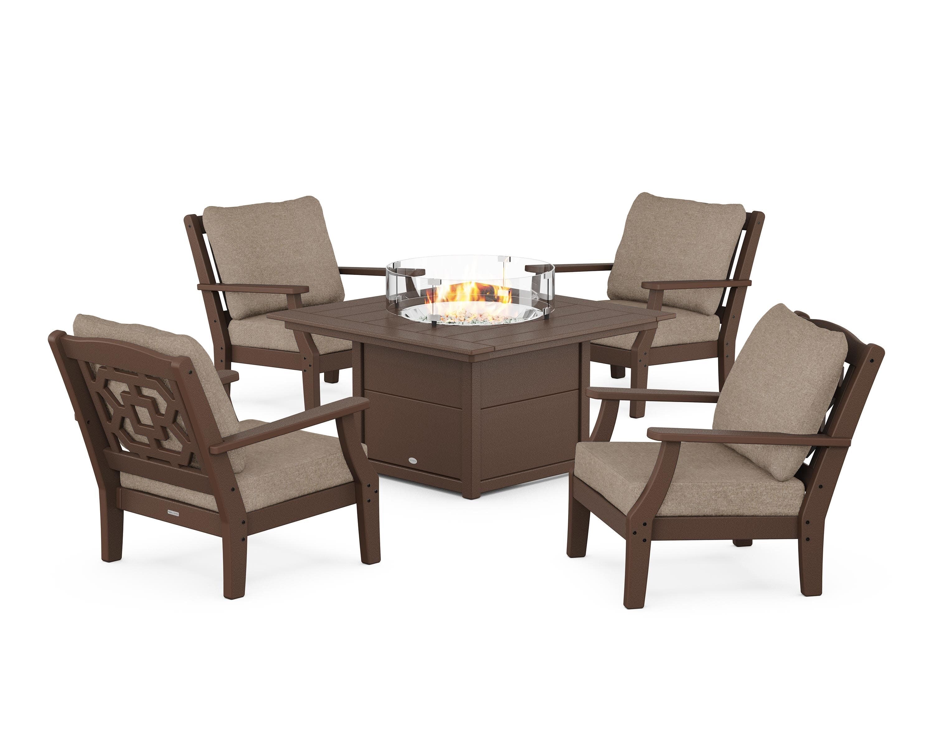 Chinoiserie 5-Piece Deep Seating Set with Fire Pit Table in Mahogany / Spiced Burlap