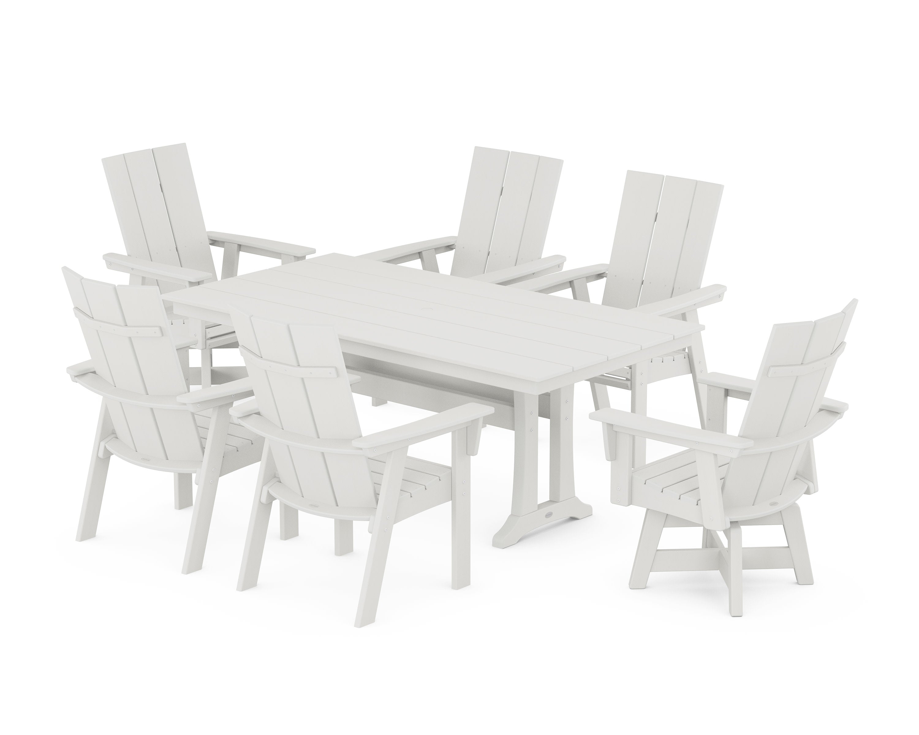 Modern Curveback Adirondack Swivel Chair 7-Piece Farmhouse Dining Set With Trestle Legs in Vintage White