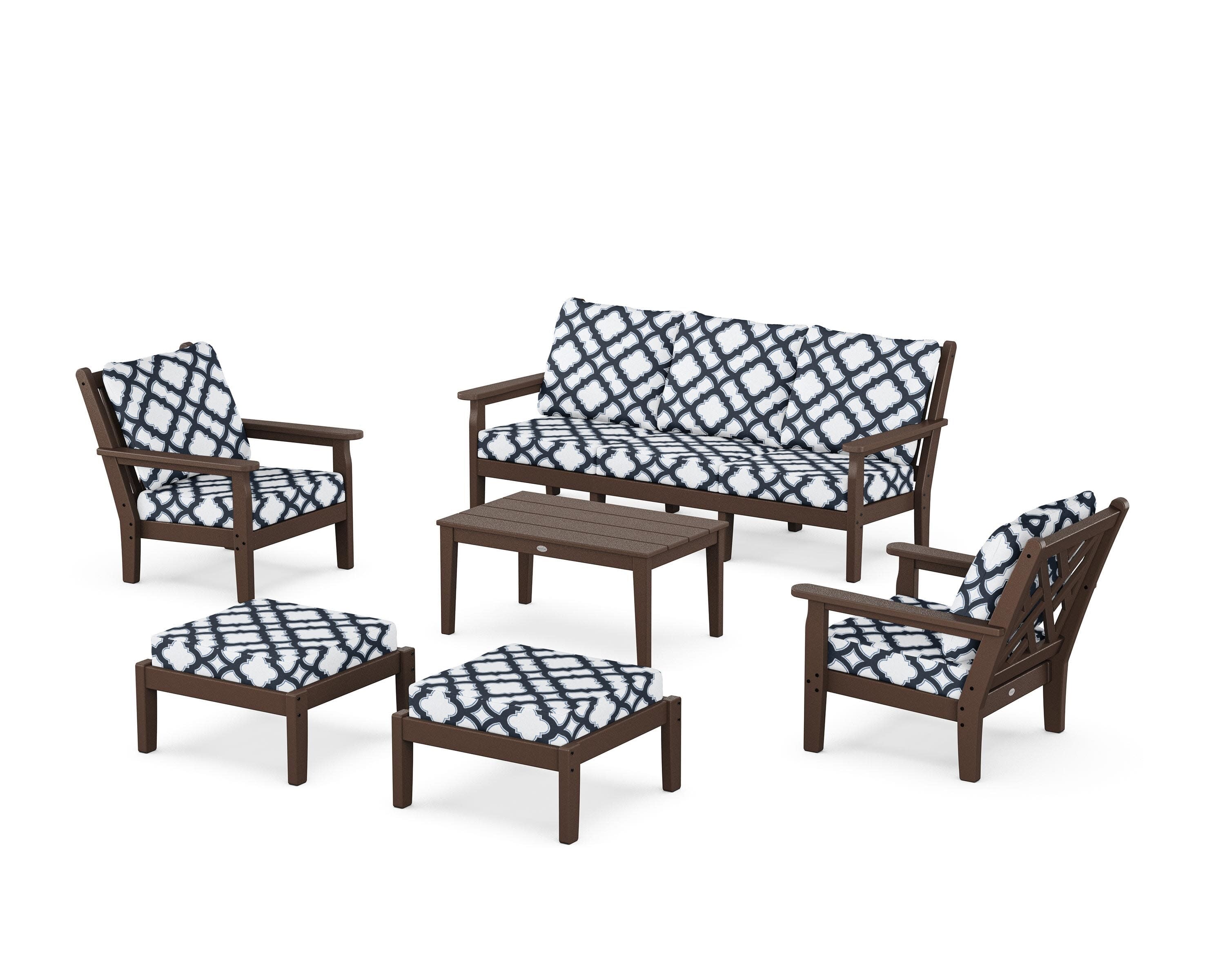 Chippendale 6-Piece Lounge Sofa Set in Mahogany / Trellis Marine Indigo