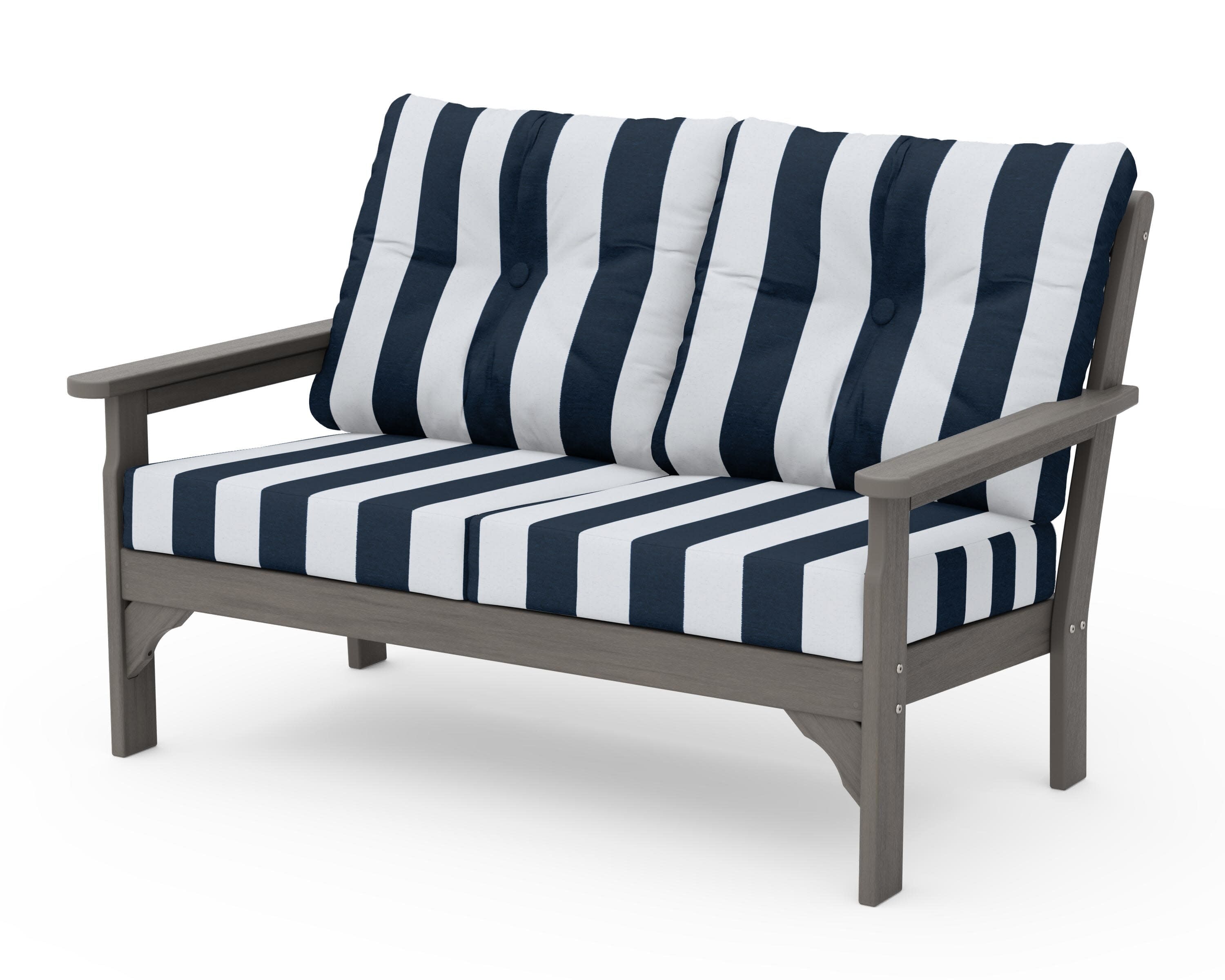 Vineyard Deep Seating Loveseat in Driftwood / Cabana Stripe Marine Indigo