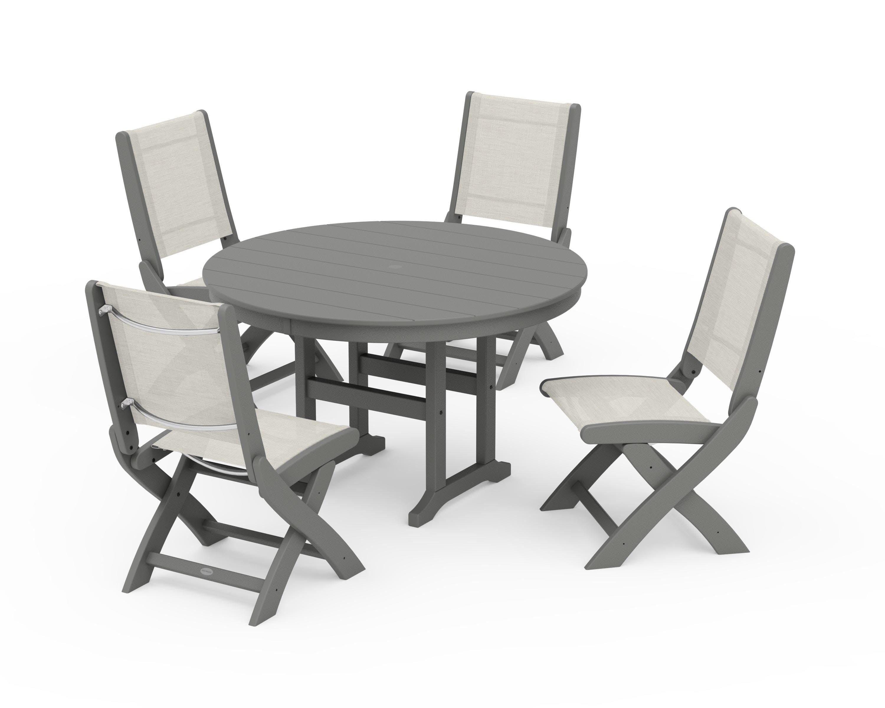 Coastal Folding Side Chair 5-Piece Round Dining Set in Slate Grey / Parchment Sling