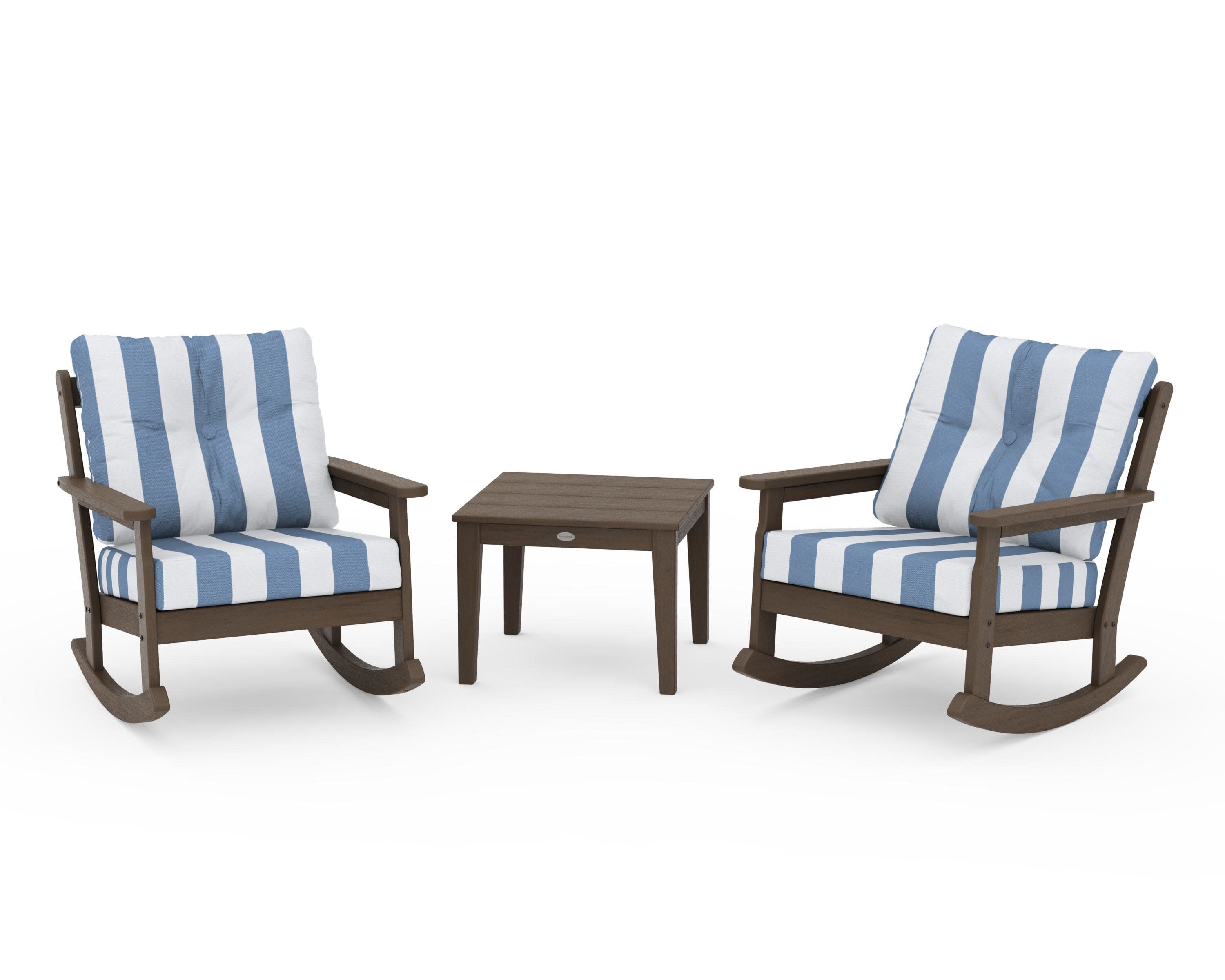 Vineyard 3-Piece Deep Seating Rocker Set in Kona / Cabana Stripe Sky Blue