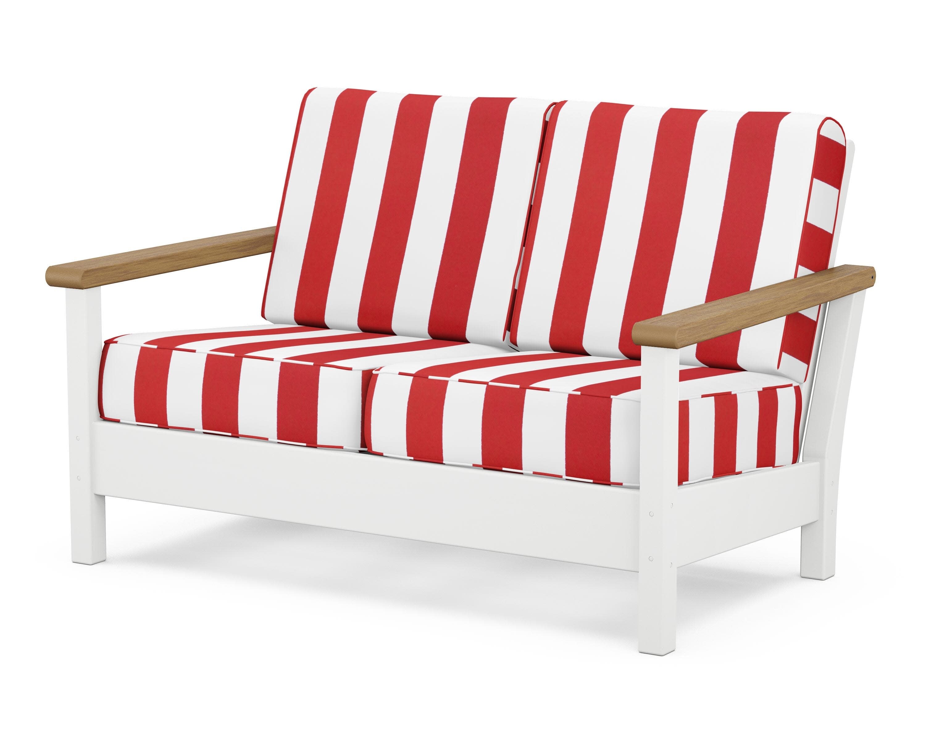 Harbour Deep Seating Loveseat in White / Natural / Cabana Stripe Crimson