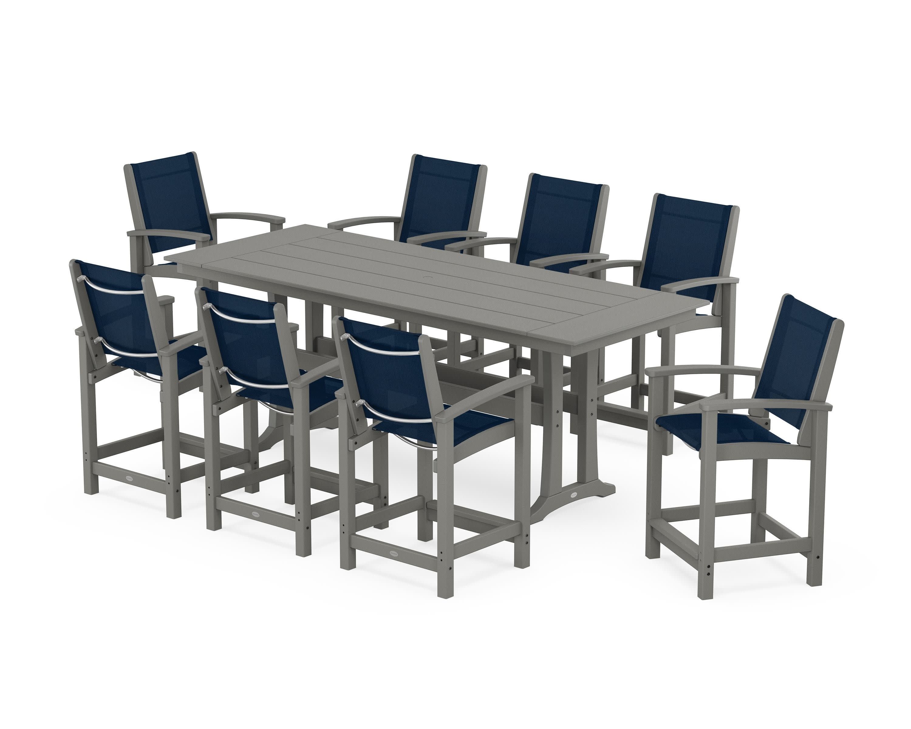 Coastal 9-Piece Farmhouse Counter Set with Trestle Legs in Slate Grey / Navy Blue Sling