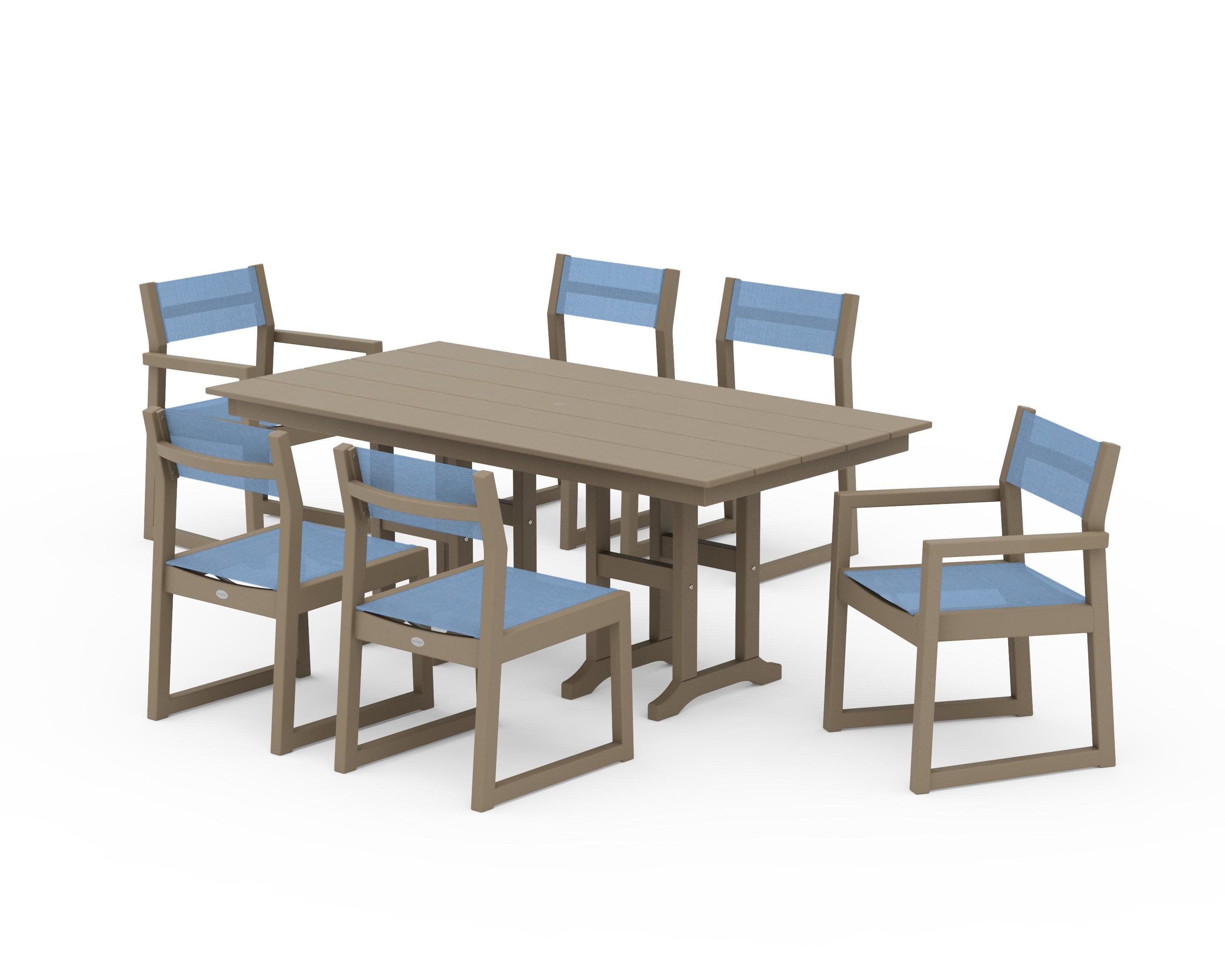 EDGE Sling 7-Piece Farmhouse Dining Set in Vintage Sahara / Poolside Sling