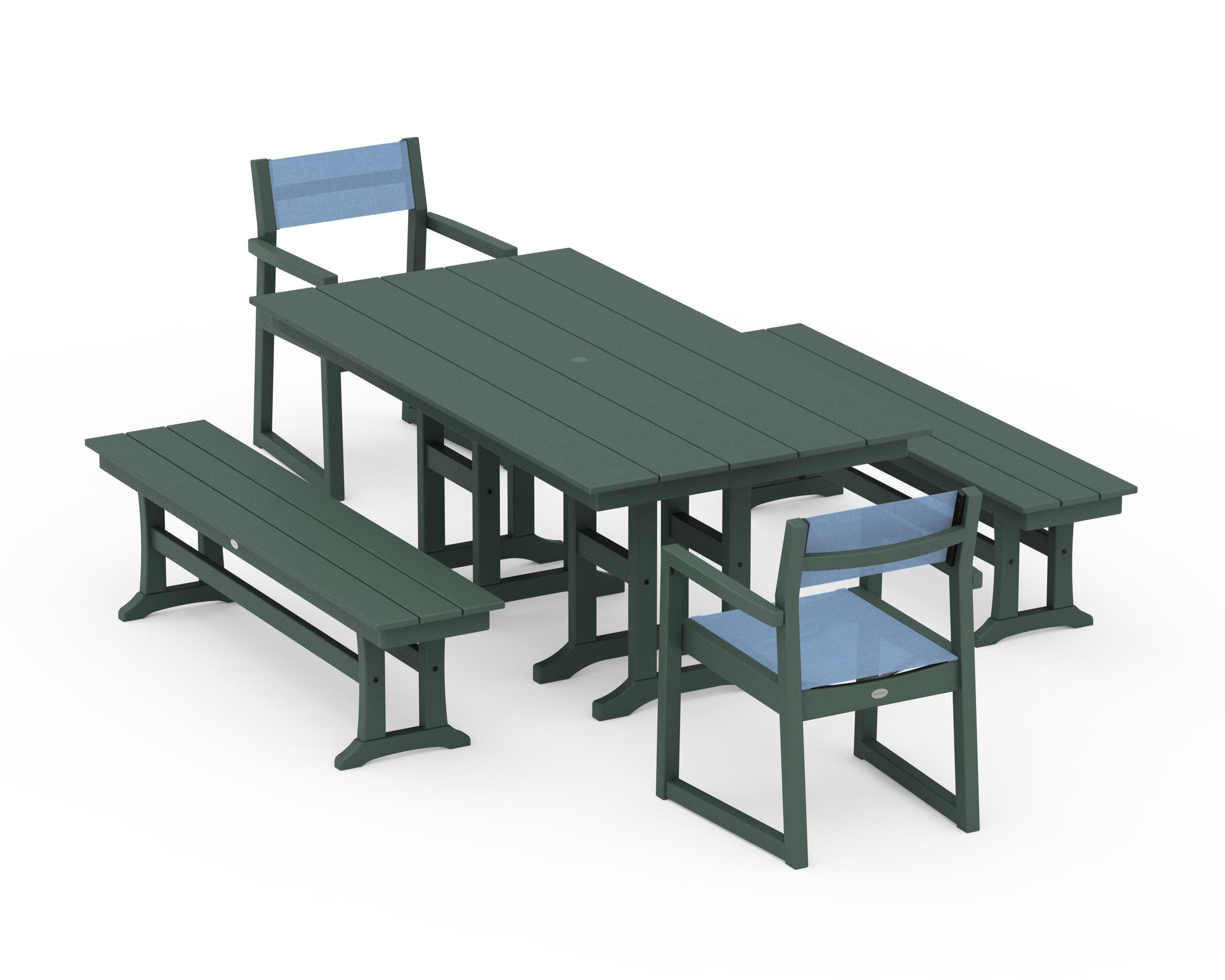 EDGE Sling Arm Chair 5-Piece Farmhouse Dining Set with Benches in Green / Poolside Sling