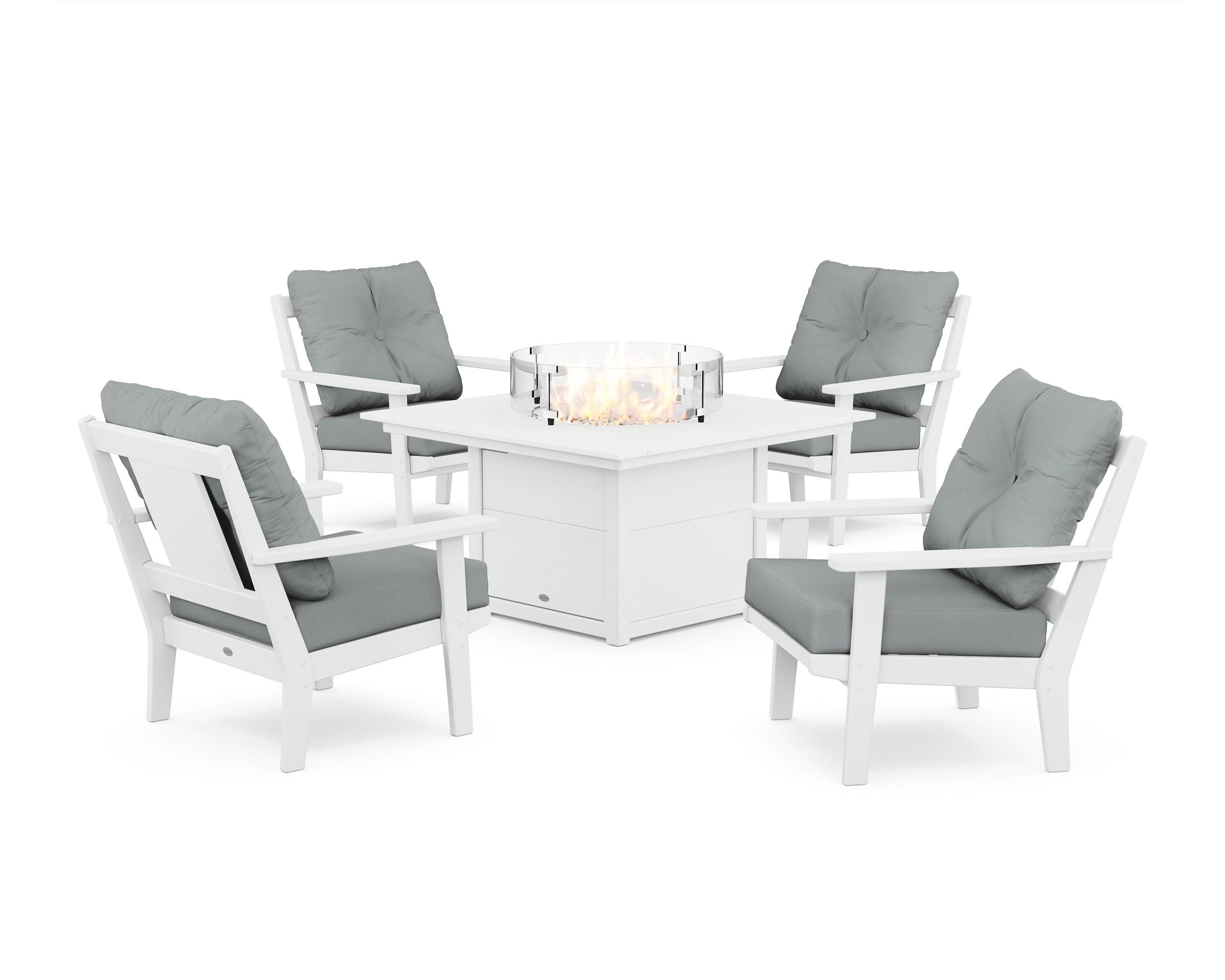 Prairie 5-Piece Deep Seating Set with Fire Pit Table in White / Spa