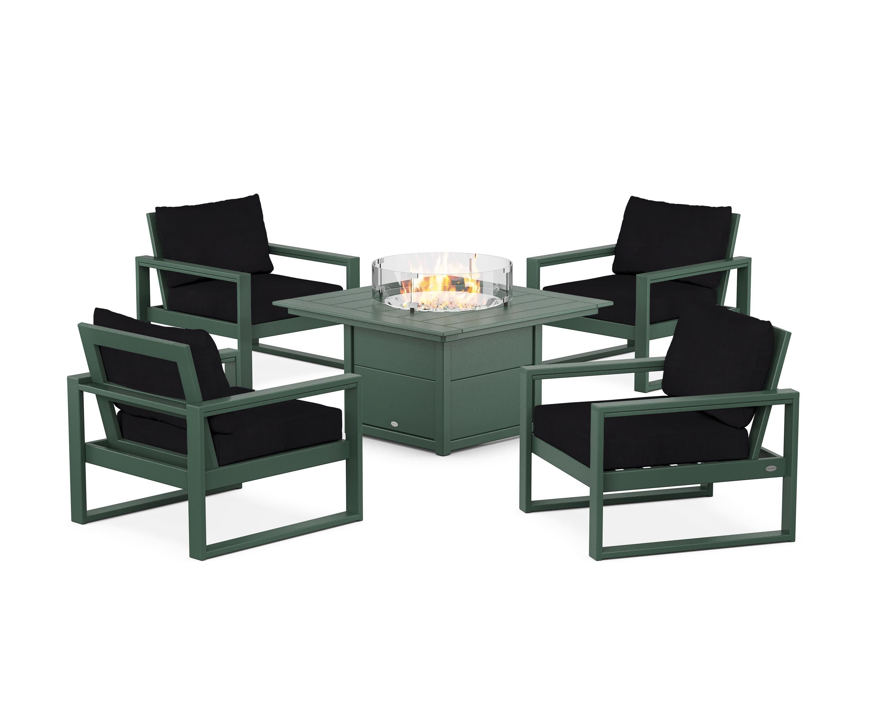 EDGE Sectional 5-Piece Deep Seating Set with Fire Pit Table in Green / Midnight Linen