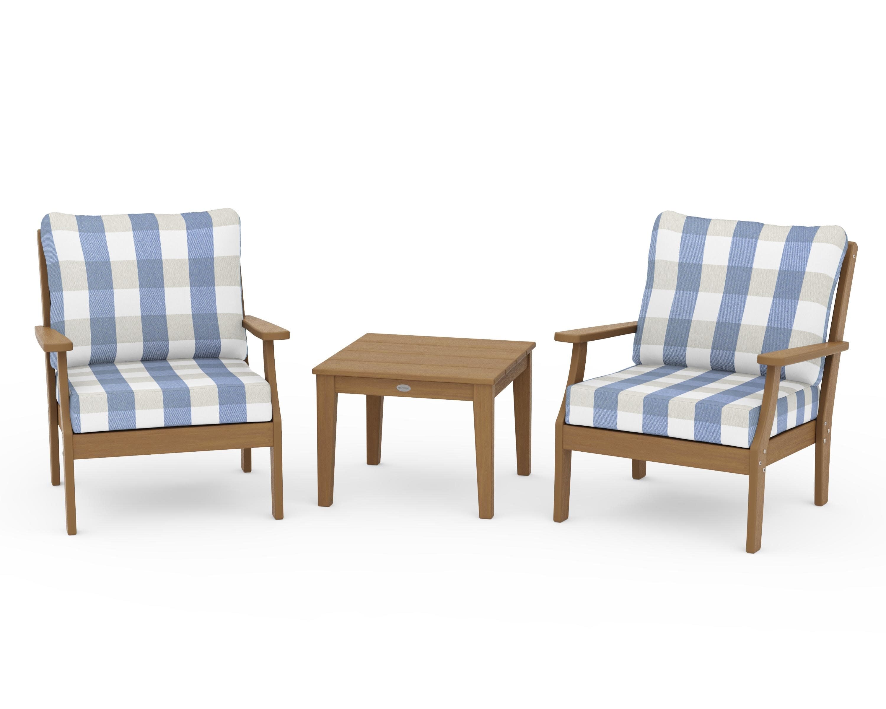 Braxton 3-Piece Deep Seating Set in Natural / Buffalo Plaid Sky Blue