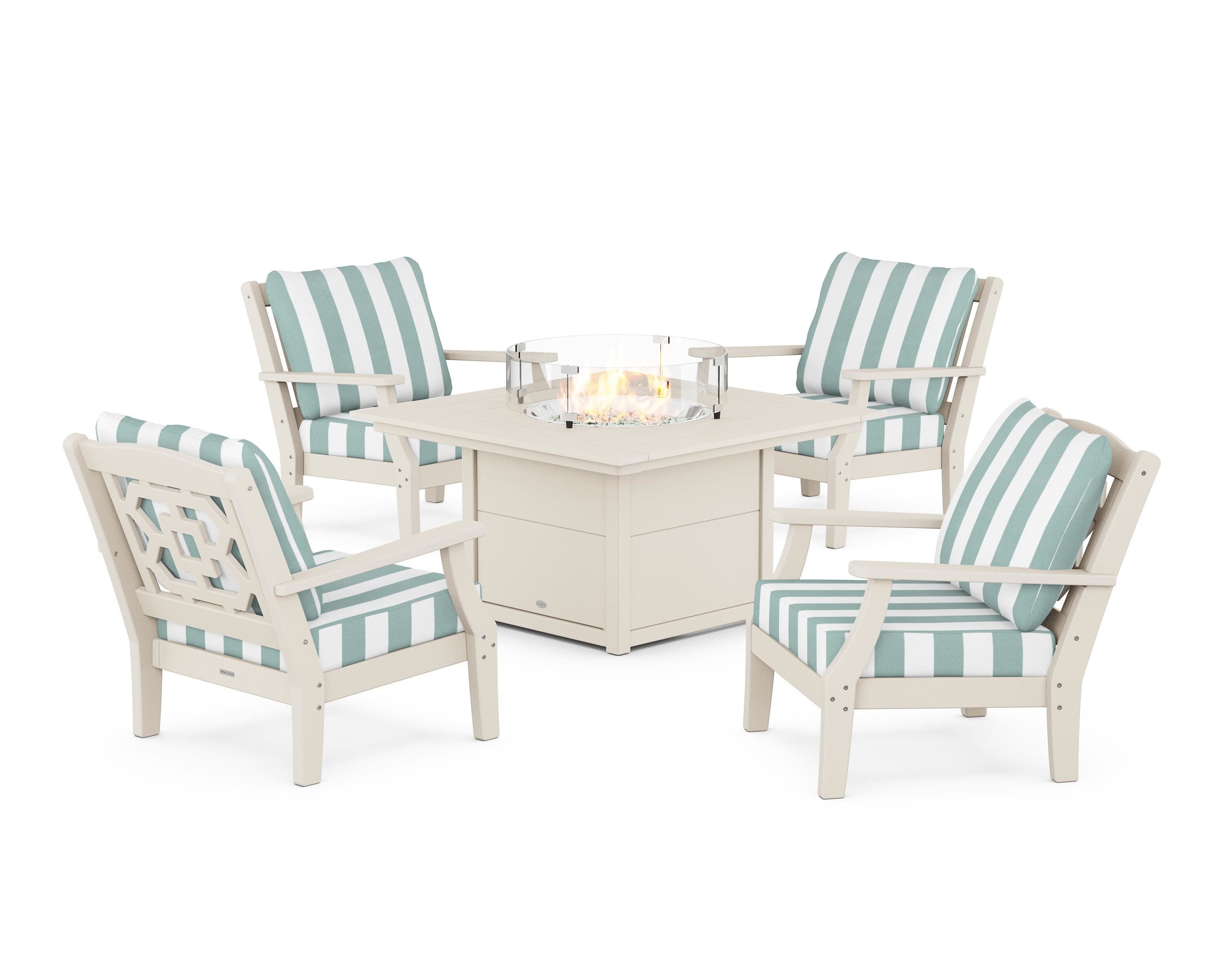 Chinoiserie 5-Piece Deep Seating Set with Fire Pit Table in Sand / Cabana Stripe Glacier Spa