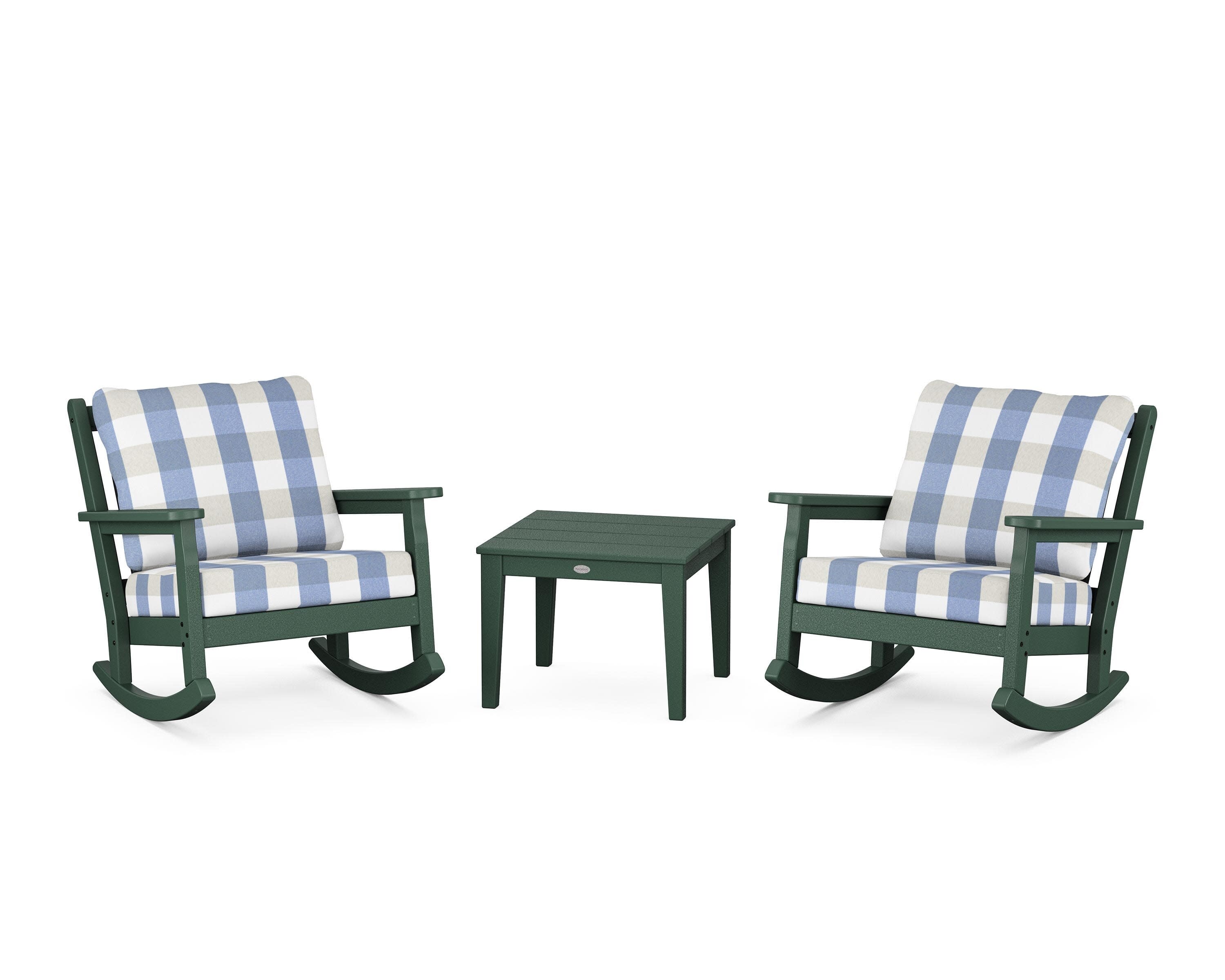 Chippendale 3-Piece Deep Seating Rocker Set in Green / Buffalo Plaid Sky Blue