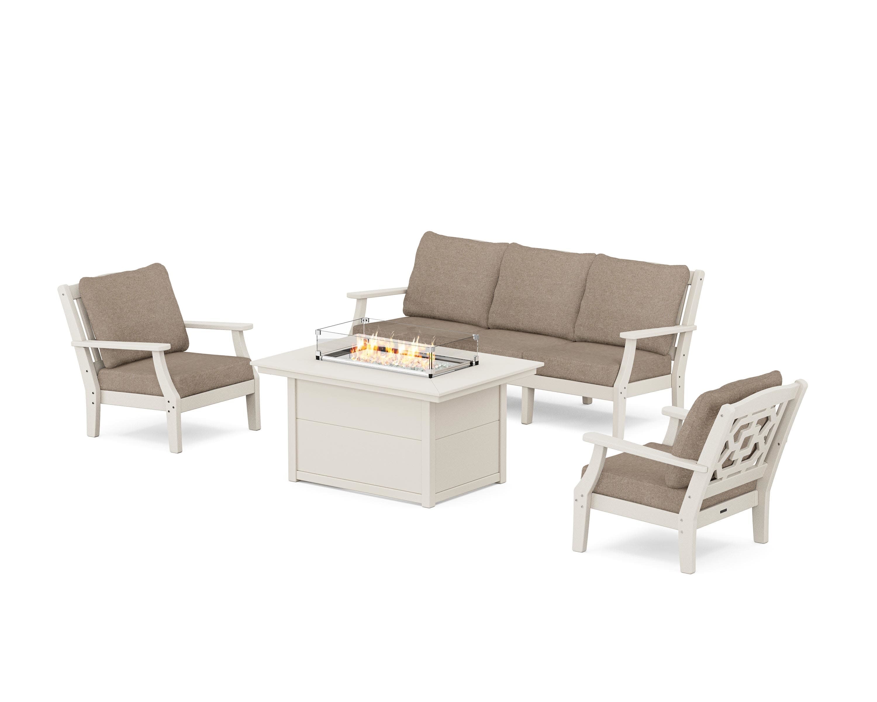 Chinoiserie Deep Seating Fire Pit Table Set in Sand / Spiced Burlap