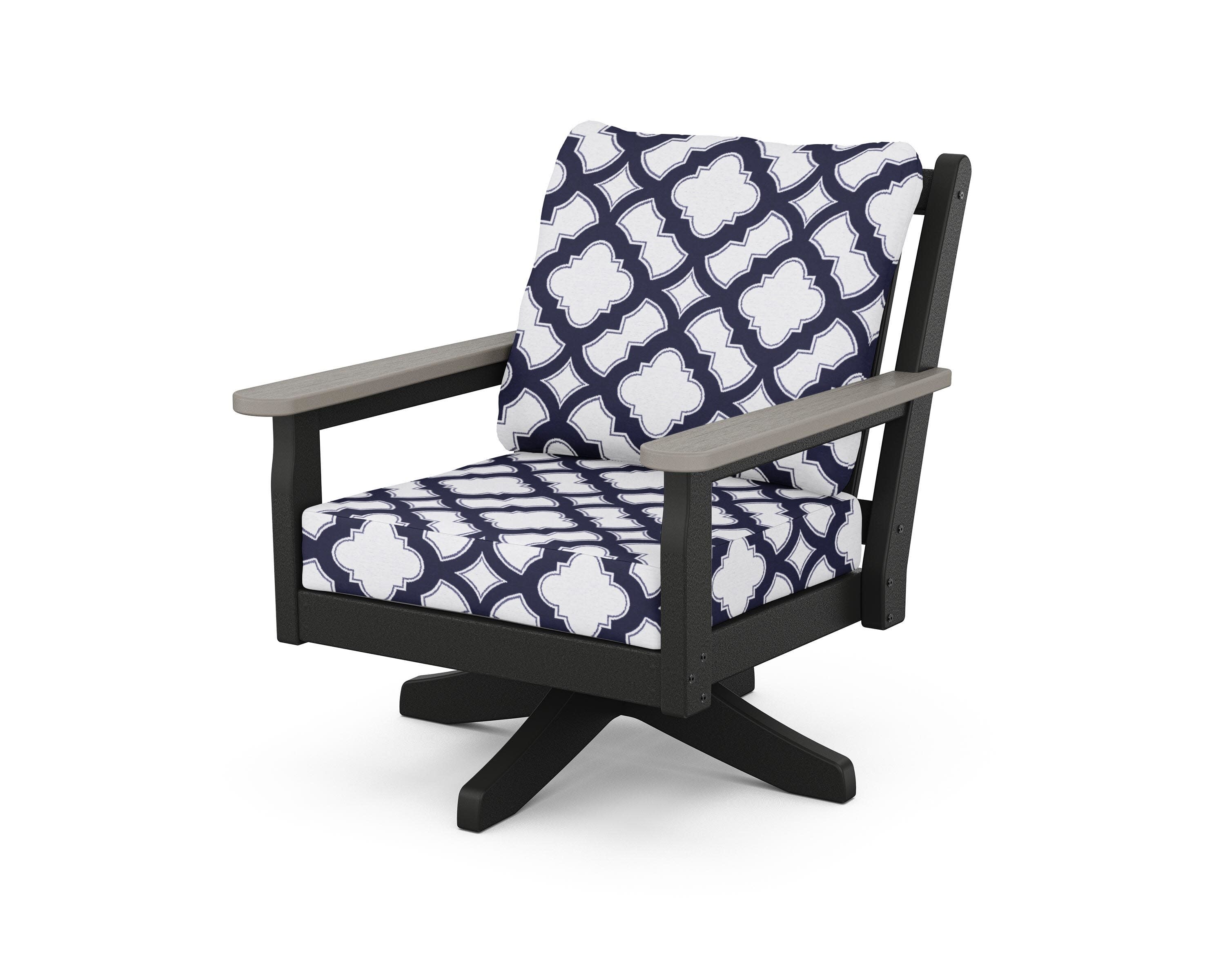Chippendale Deep Seating Swivel Chair in Black / Driftwood / Trellis Navy
