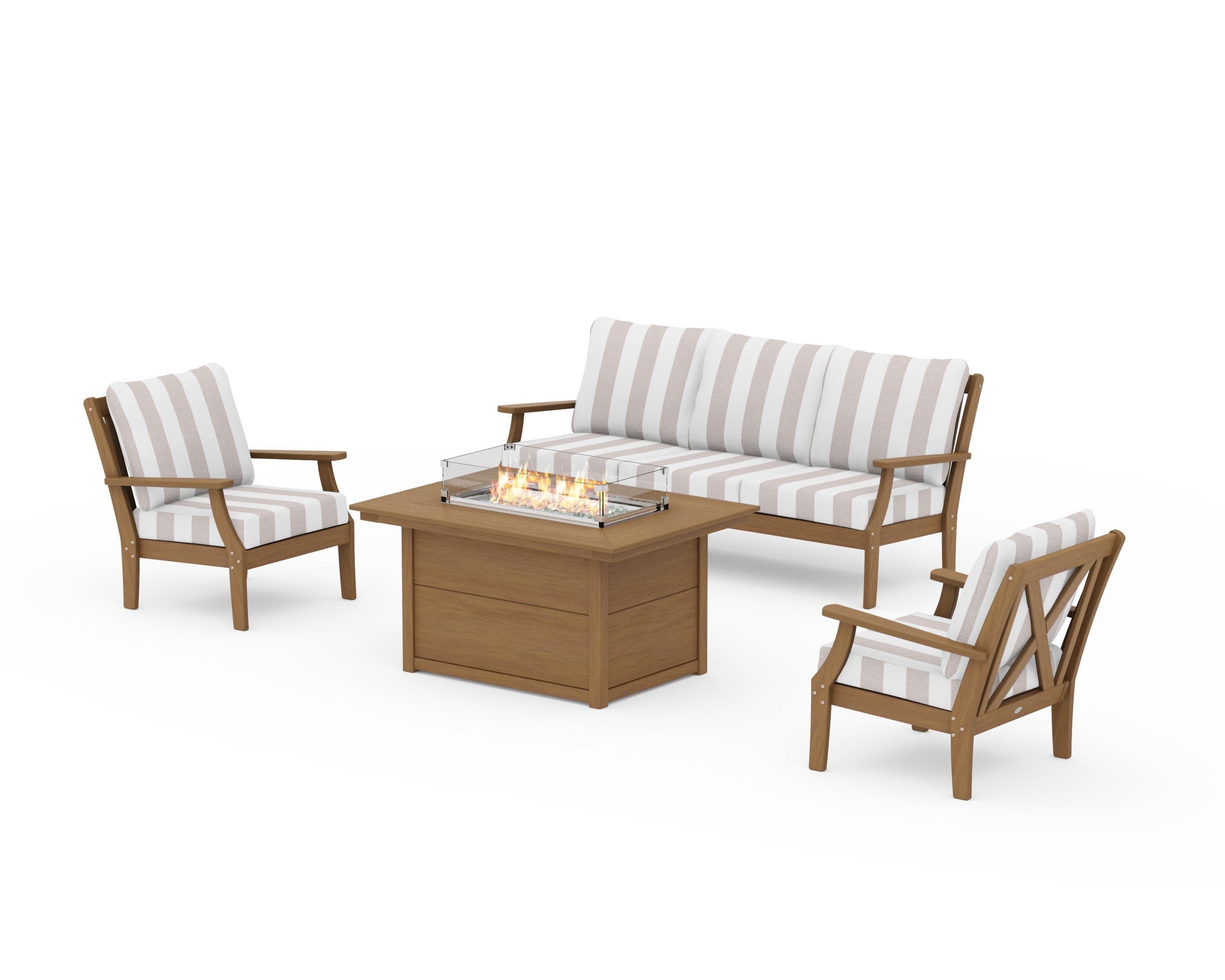 Braxton Deep Seating Fire Pit Table Set in Natural / Cabana Stripe Dune Burlap