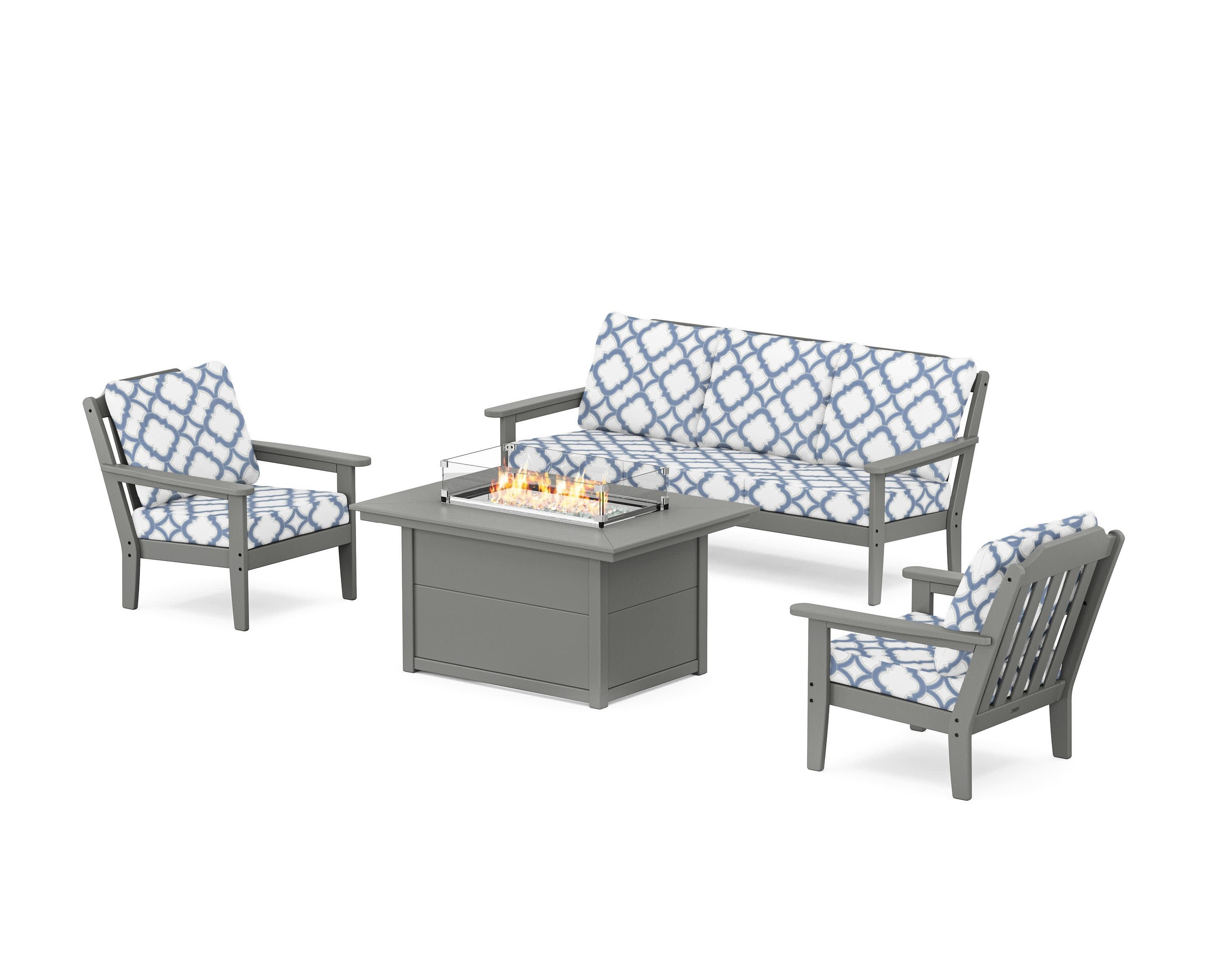 Cottage Deep Seating Fire Pit Table Set in Slate Grey / Trellis Sky Blue