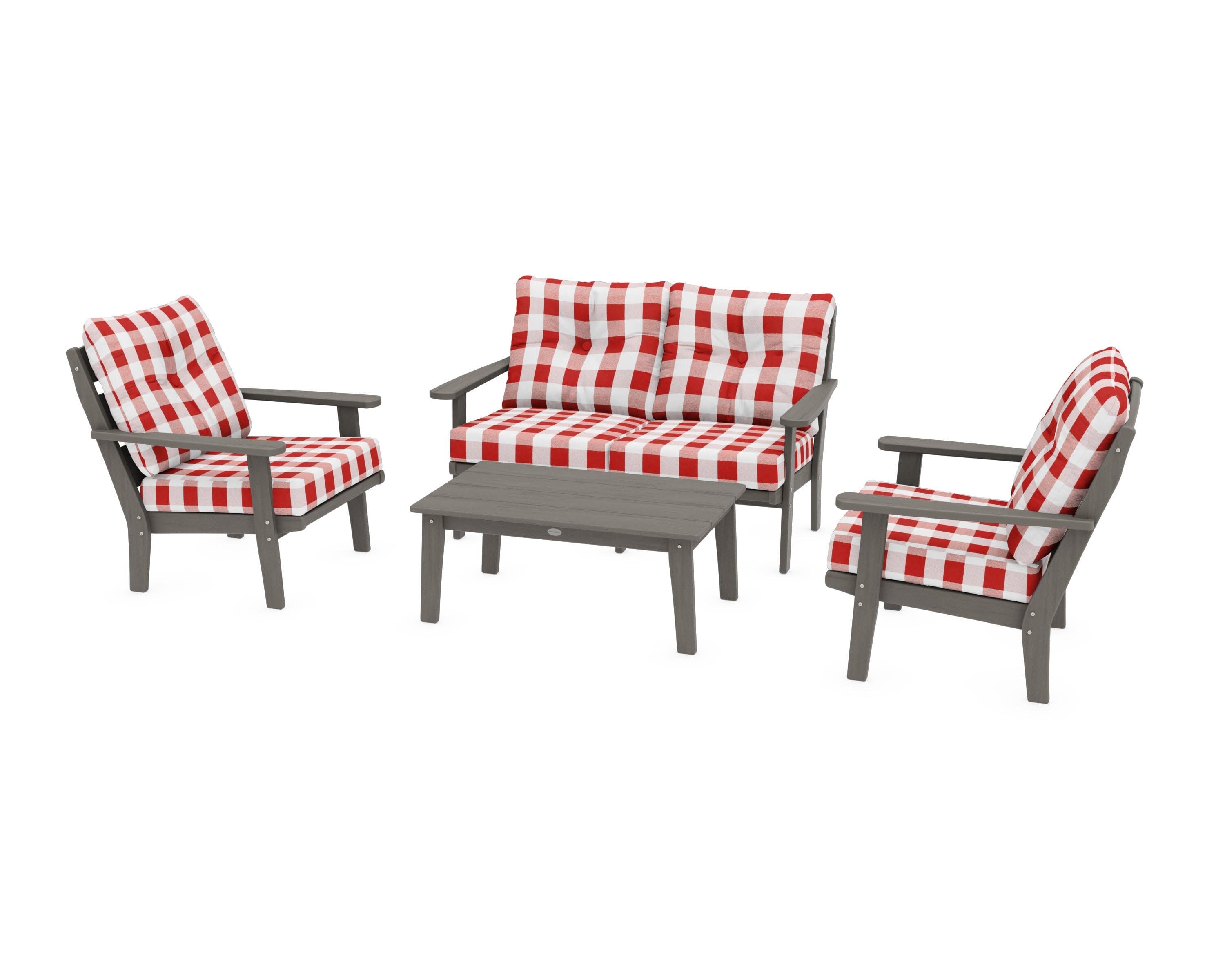 Lakeside 4-Piece Deep Seating Set in Driftwood / Buffalo Plaid Crimson