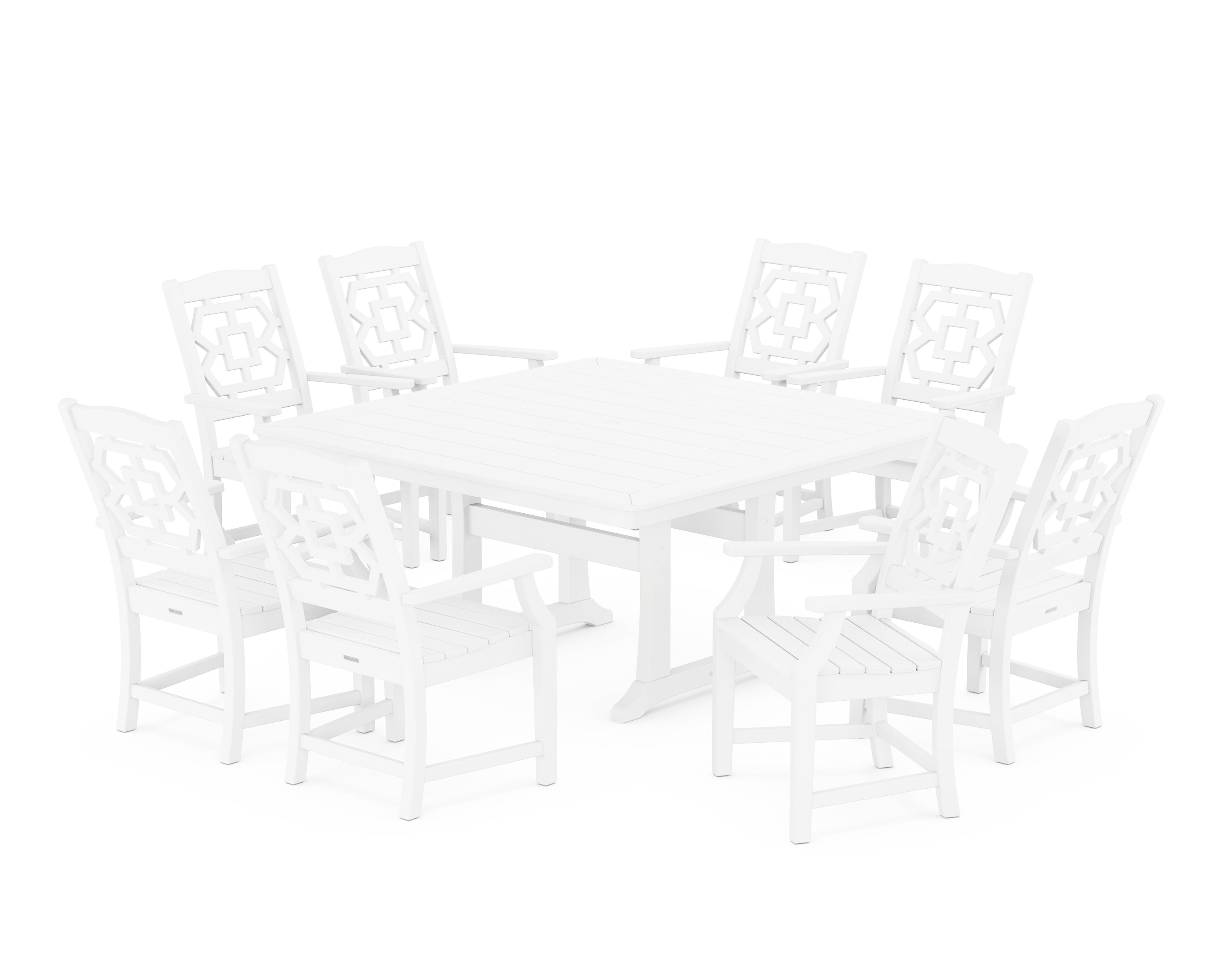 Chinoiserie 9-Piece Square Dining Set with Trestle Legs in White