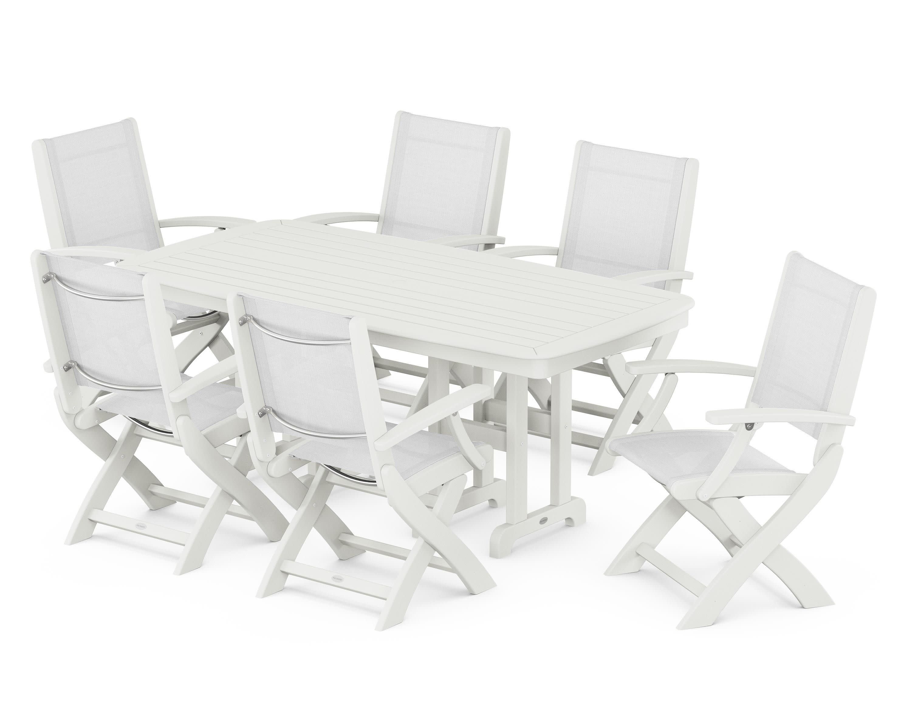 Coastal Folding Arm Chair 7-Piece Dining Set in Vintage White / White Sling