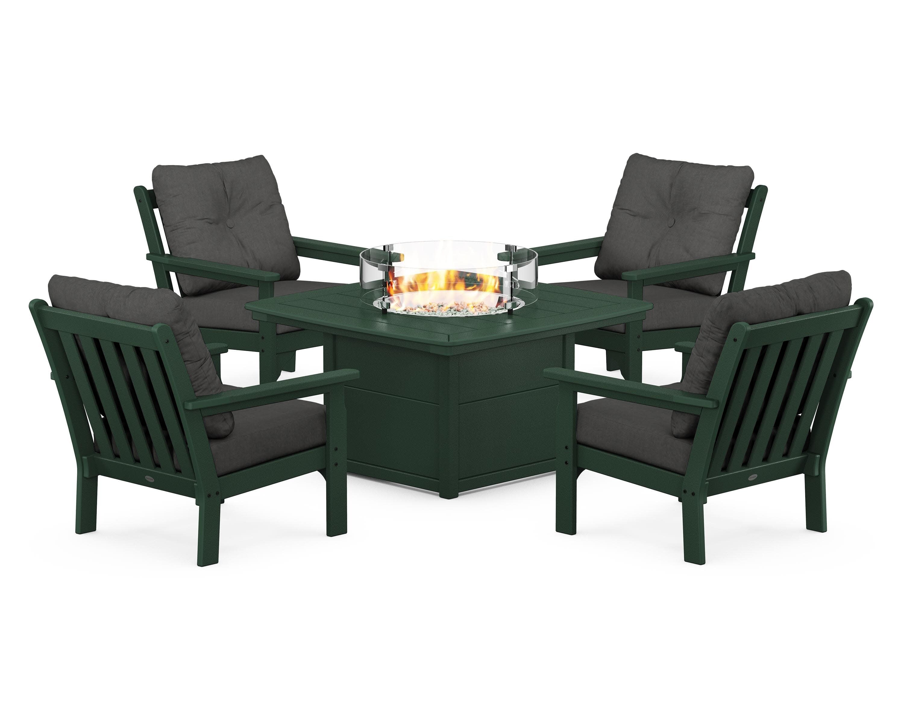 Vineyard 5-Piece Conversation Set with Fire Pit Table in Green / Spectrum Carbon