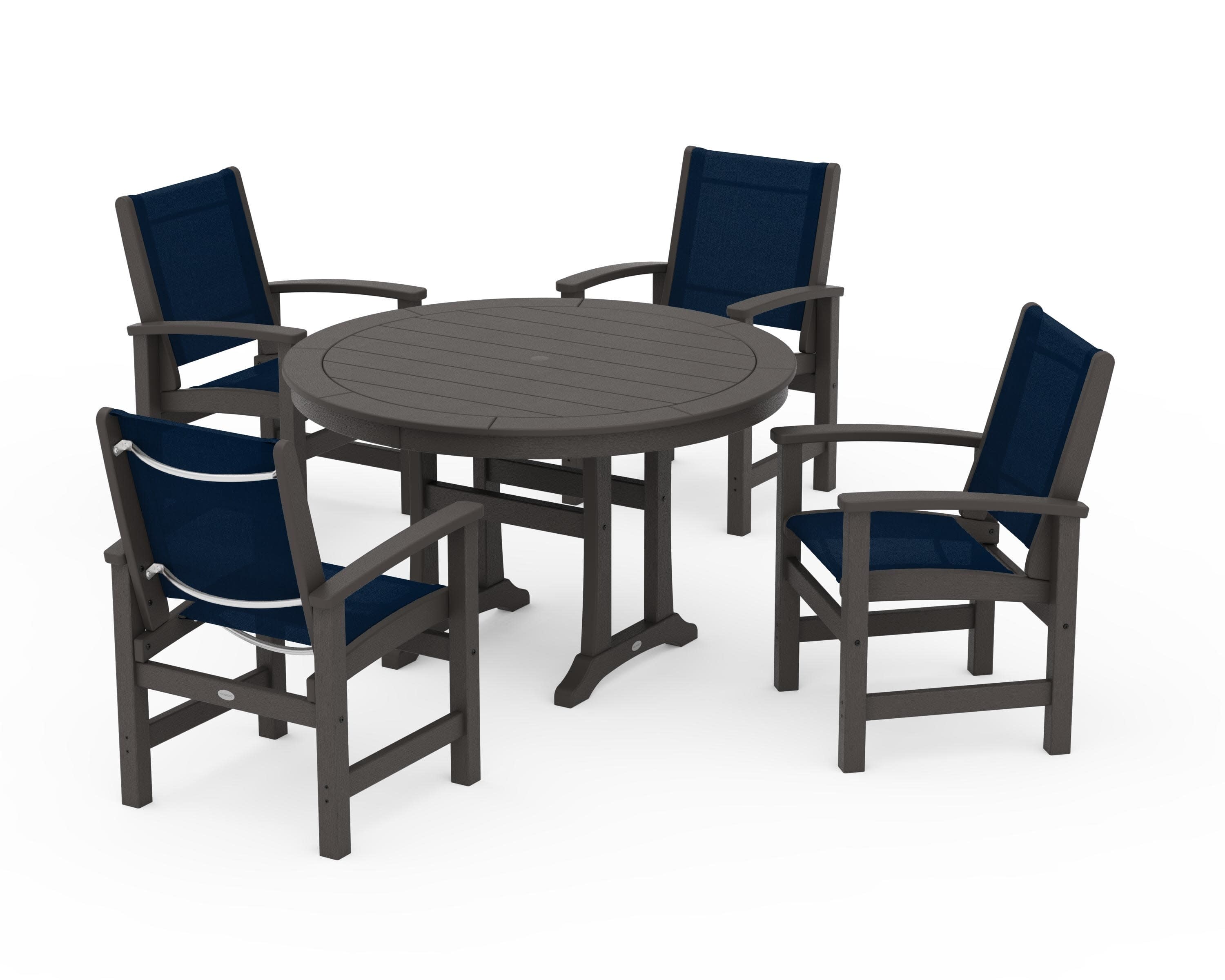 Coastal 5-Piece Round Dining Set with Trestle Legs in Vintage Coffee / Navy Blue Sling