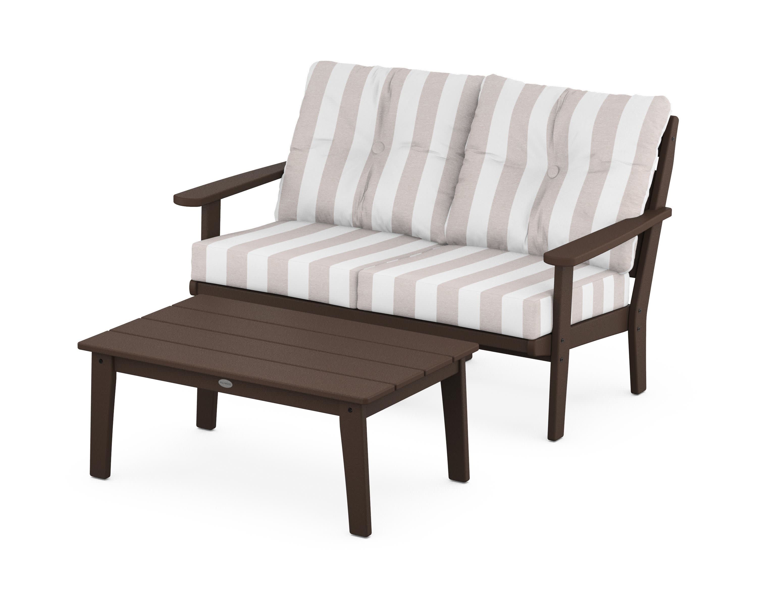 Lakeside 2-Piece Lounge Loveseat Set in Mahogany / Cabana Stripe Dune Burlap