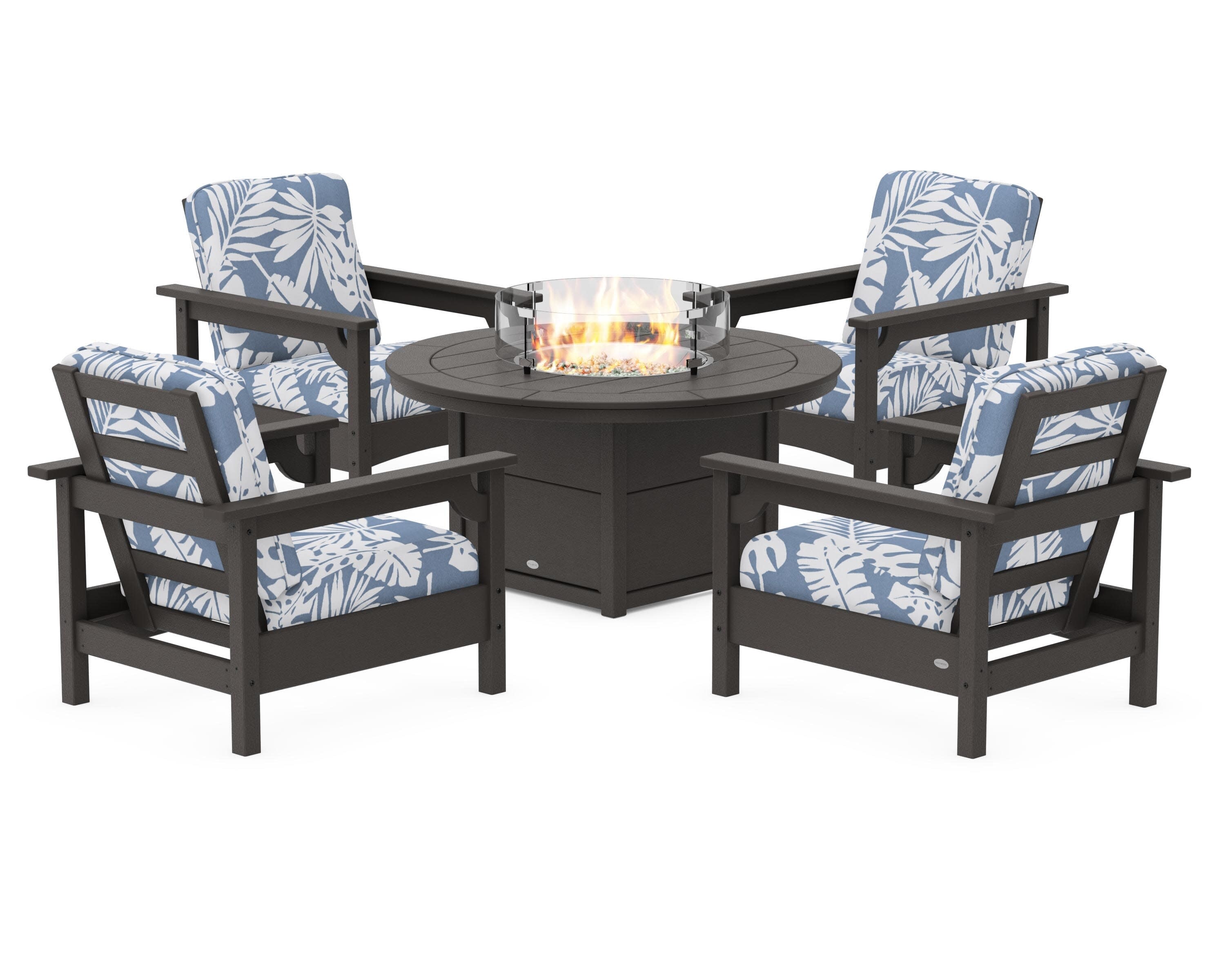 Club 5-Piece Conversation Set with Fire Pit Table in Vintage Coffee / Leaf Sky Blue