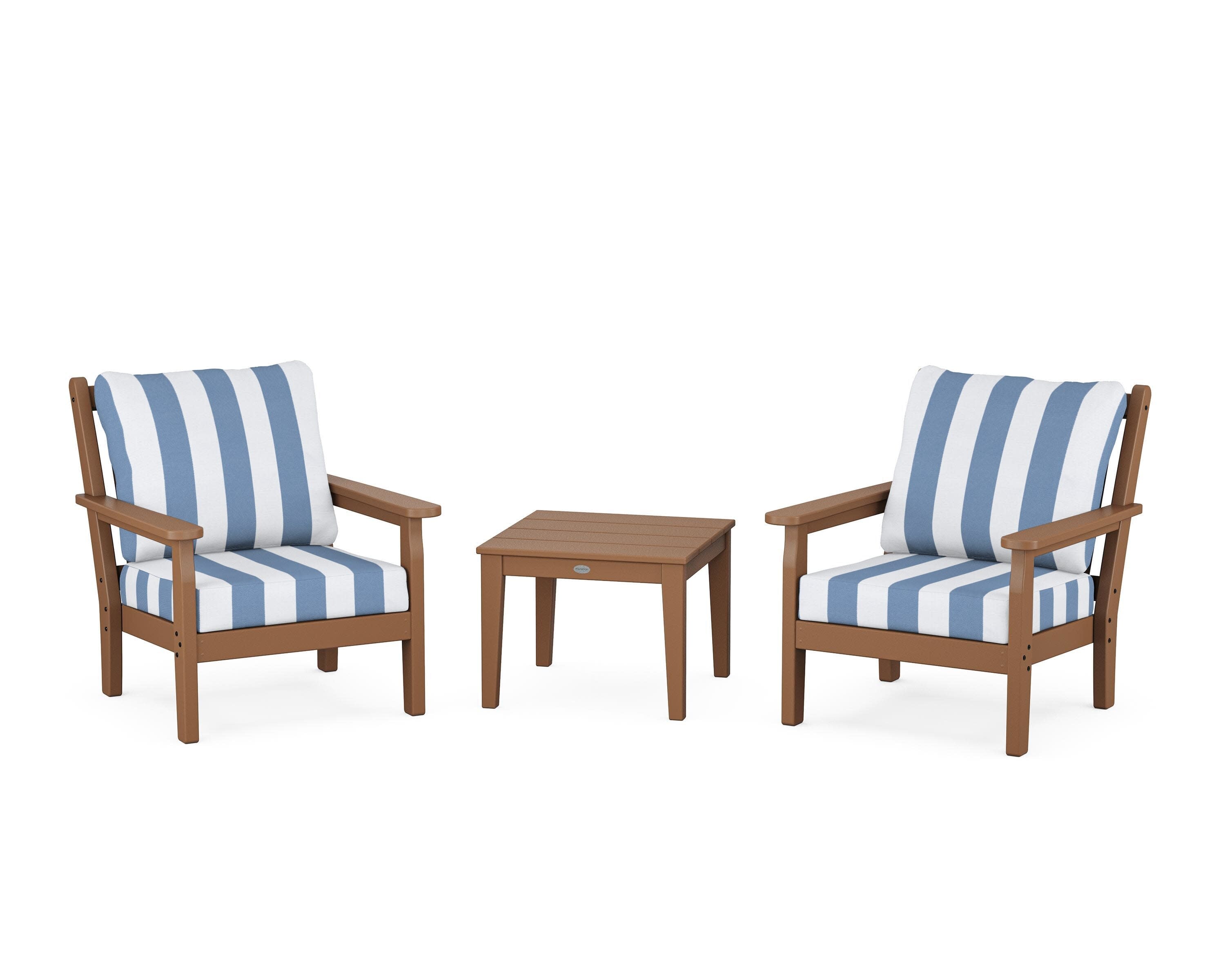 Chippendale 3-Piece Deep Seating Set in Teak / Cabana Stripe Sky Blue