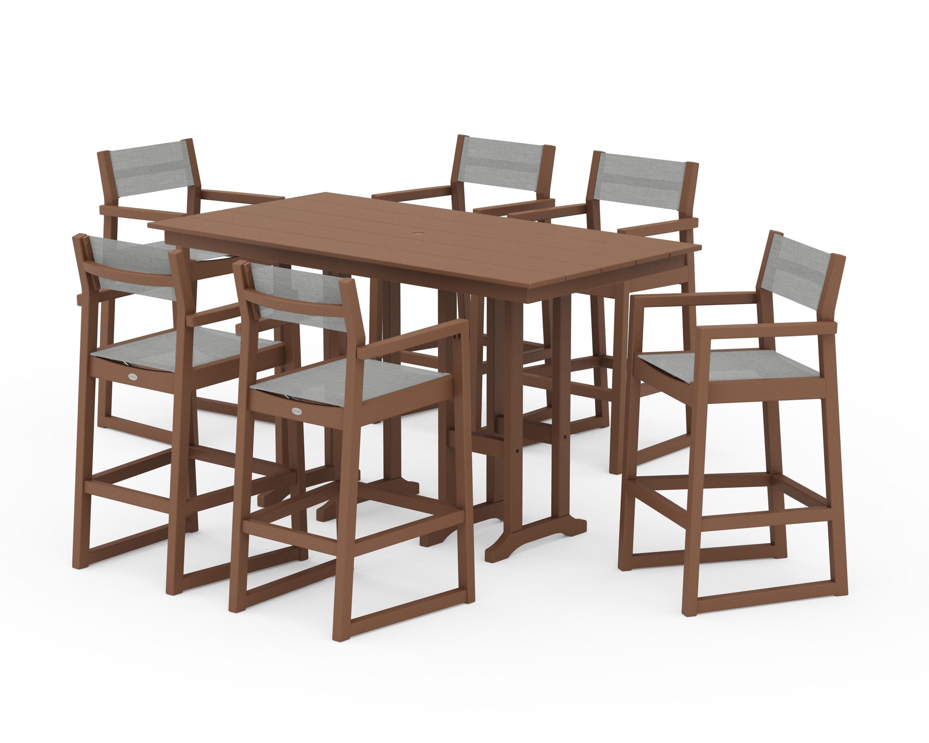 EDGE Sling Arm Chair 7-Piece Farmhouse Bar Set in Teak / Metallic Sling