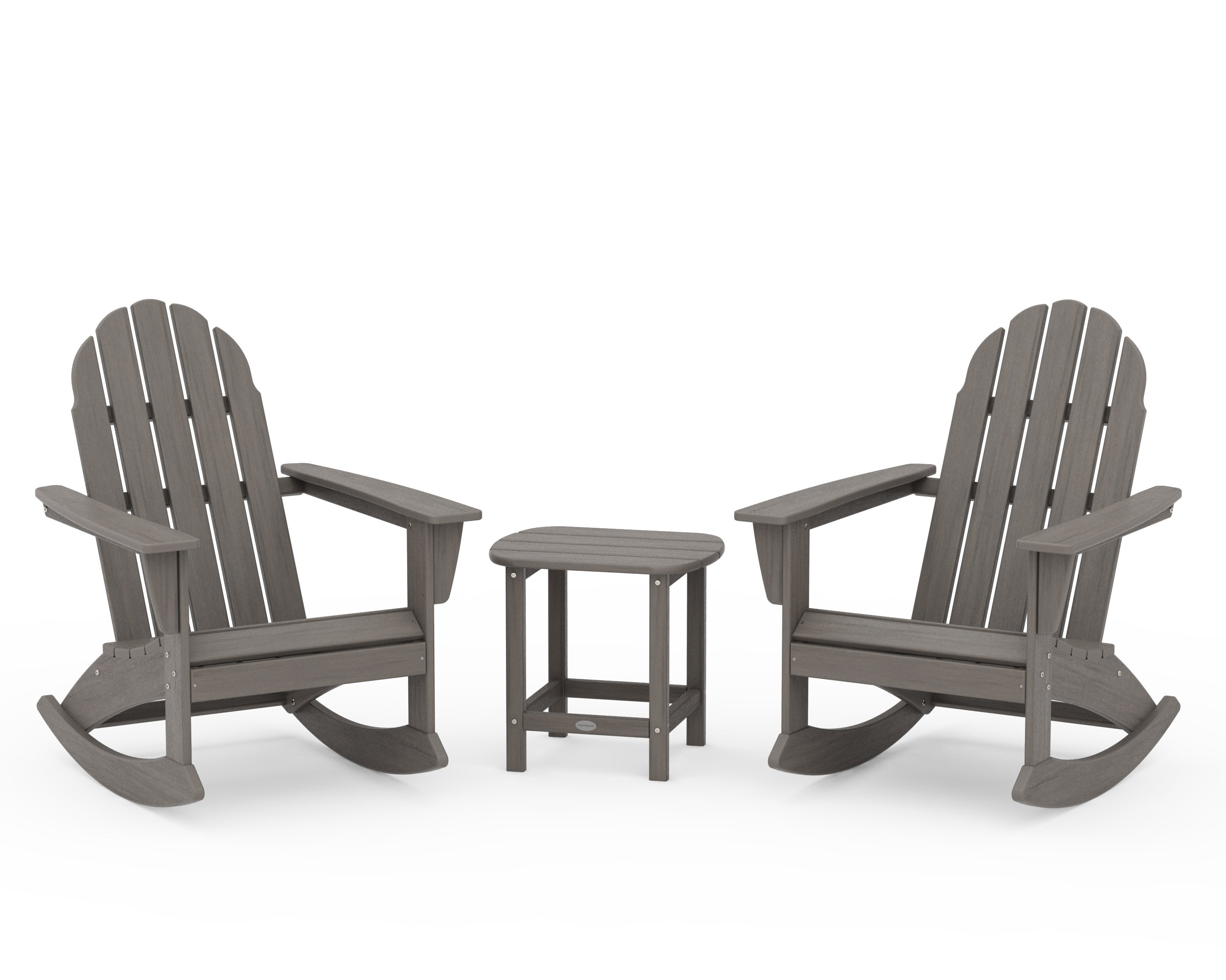 Vineyard 3-Piece Adirondack Rocking Chair Set with South Beach 18" Side Table in Driftwood