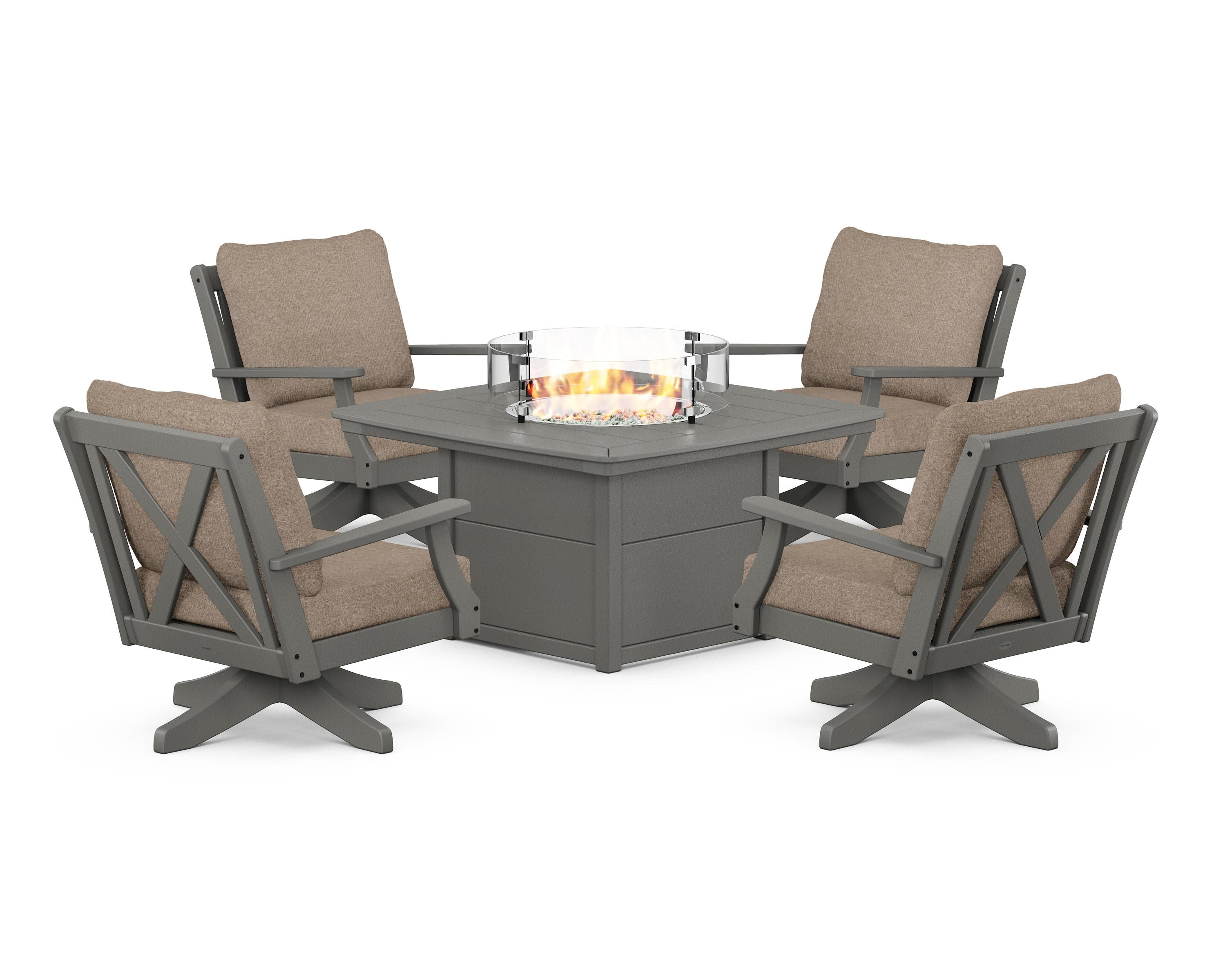 Braxton 5-Piece Deep Seating Swivel Conversation Set with Fire Pit Table in Slate Grey / Spiced Burlap