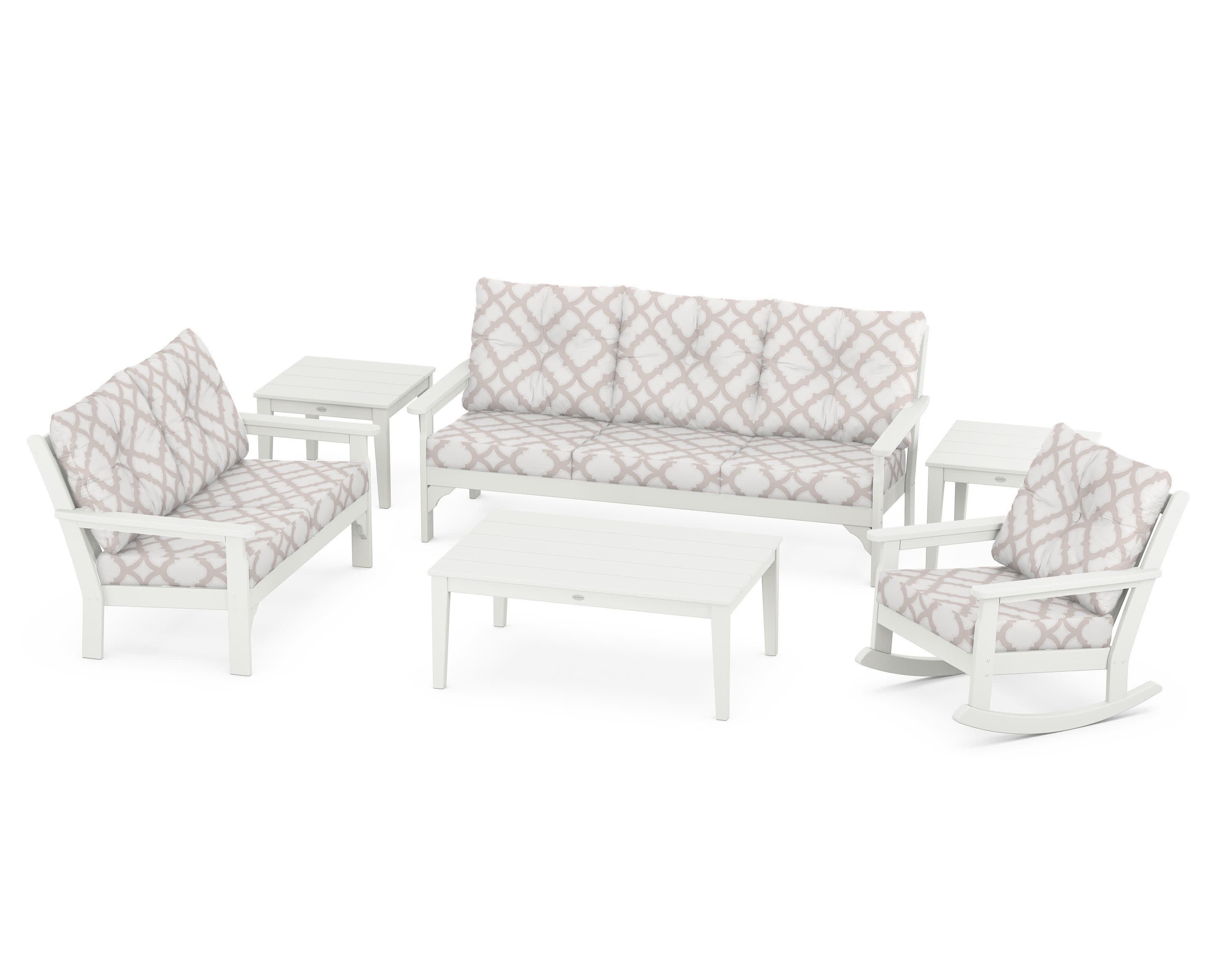 Vineyard 6-Piece Deep Seating Set in Vintage White / Trellis Dune Burlap