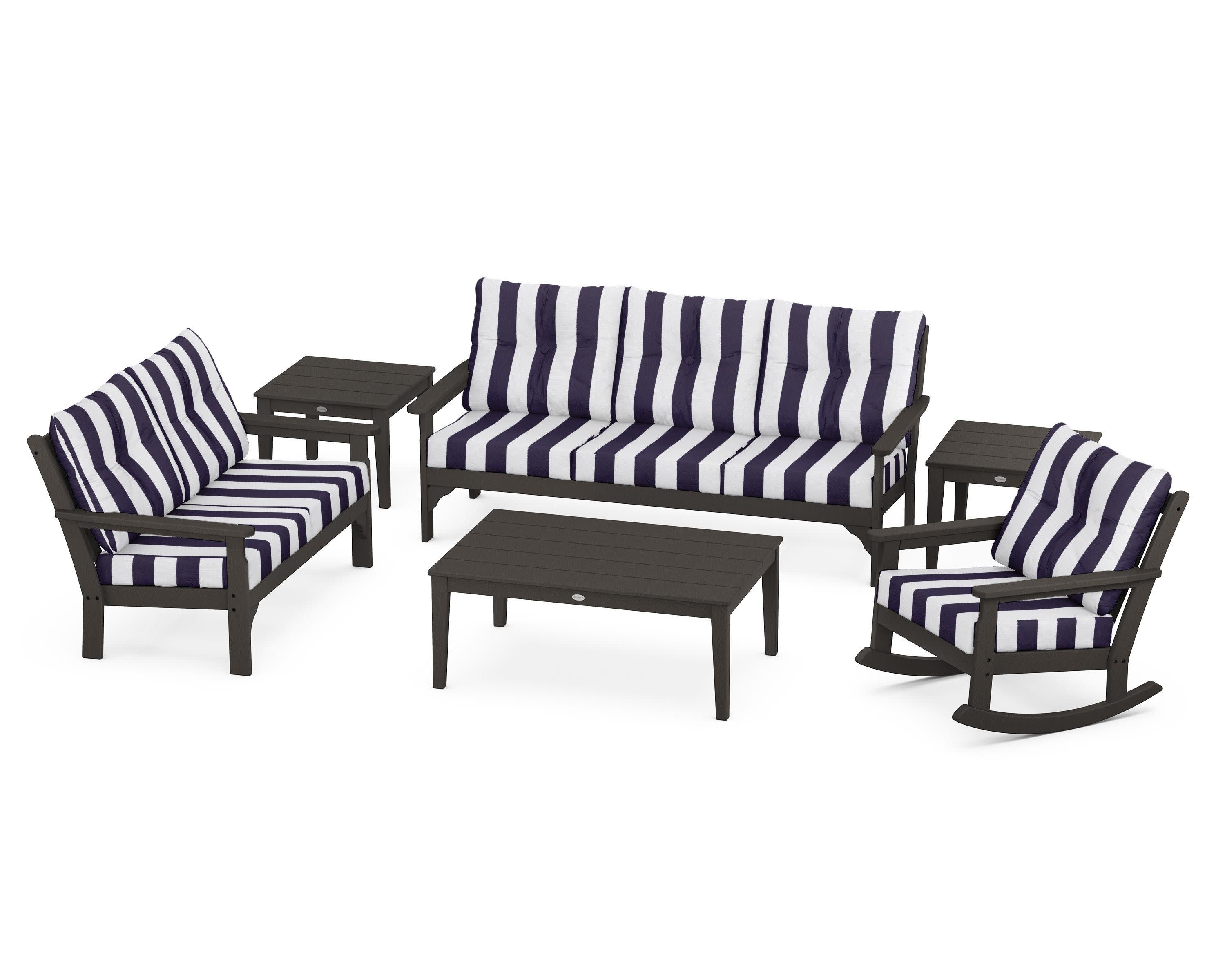 Vineyard 6-Piece Deep Seating Set in Vintage Coffee / Cabana Stripe Navy