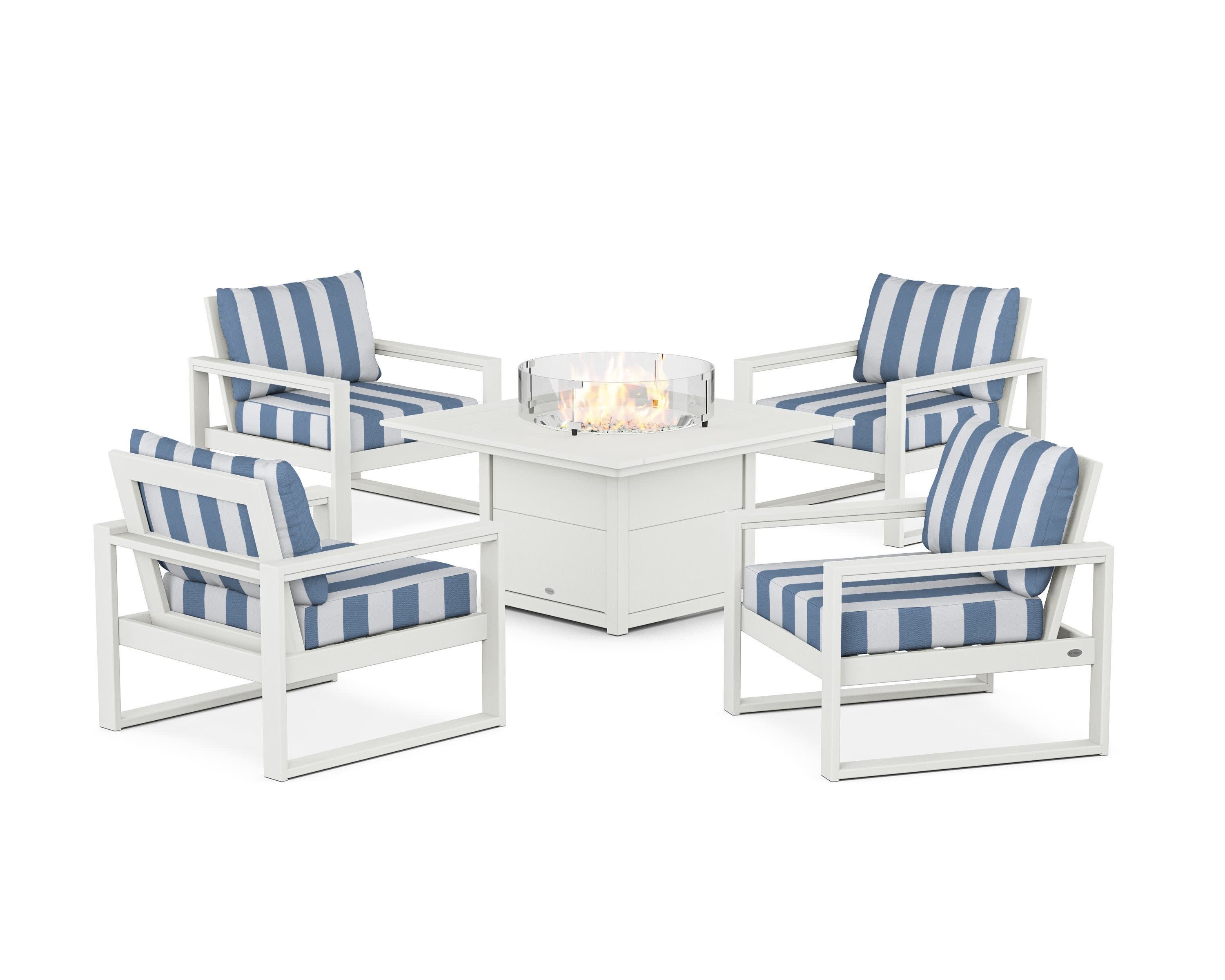 EDGE Sectional 5-Piece Deep Seating Set with Fire Pit Table in Vintage White / Cabana Stripe Sky Blue