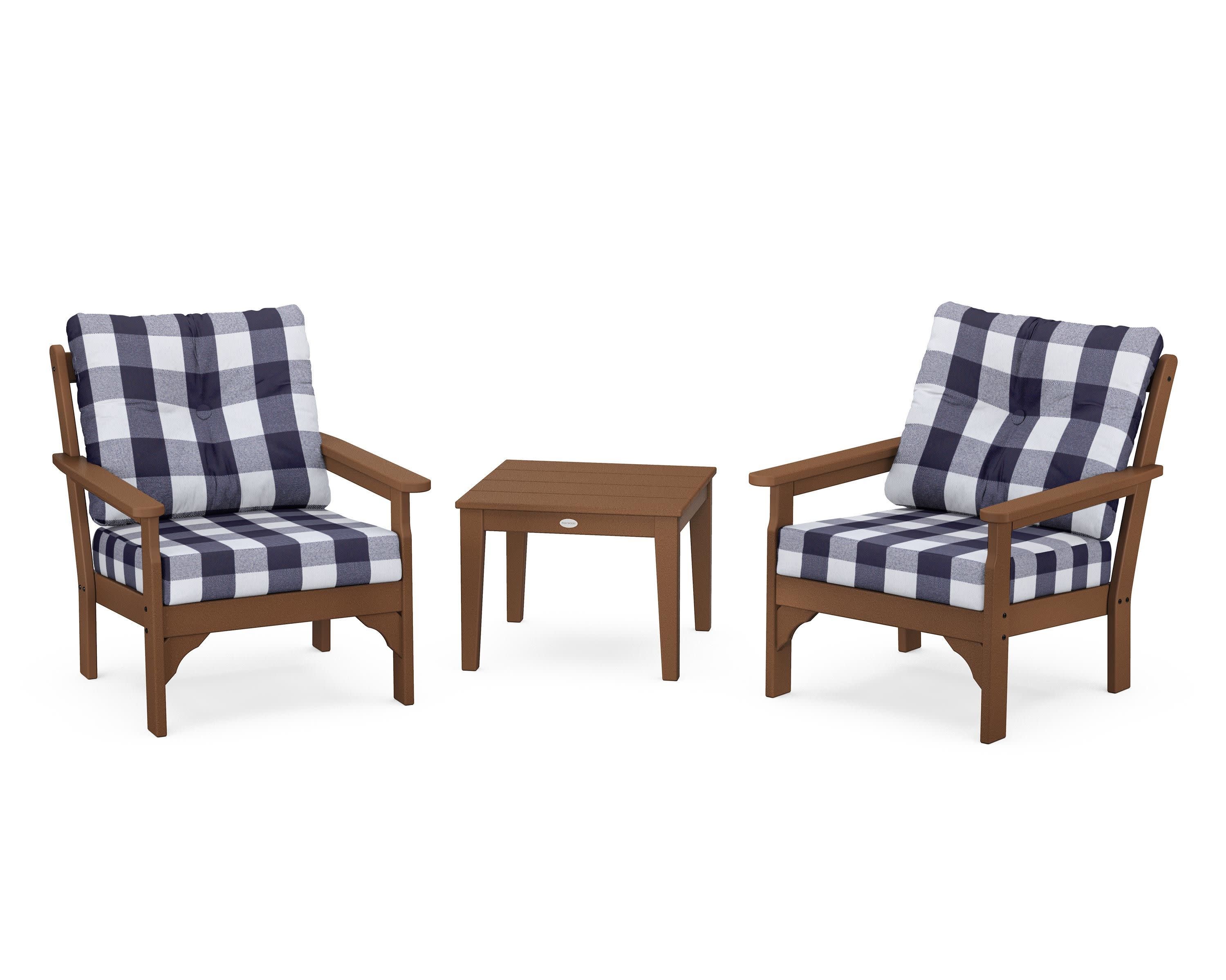 Vineyard 3-Piece Deep Seating Set in Teak / Buffalo Plaid Navy