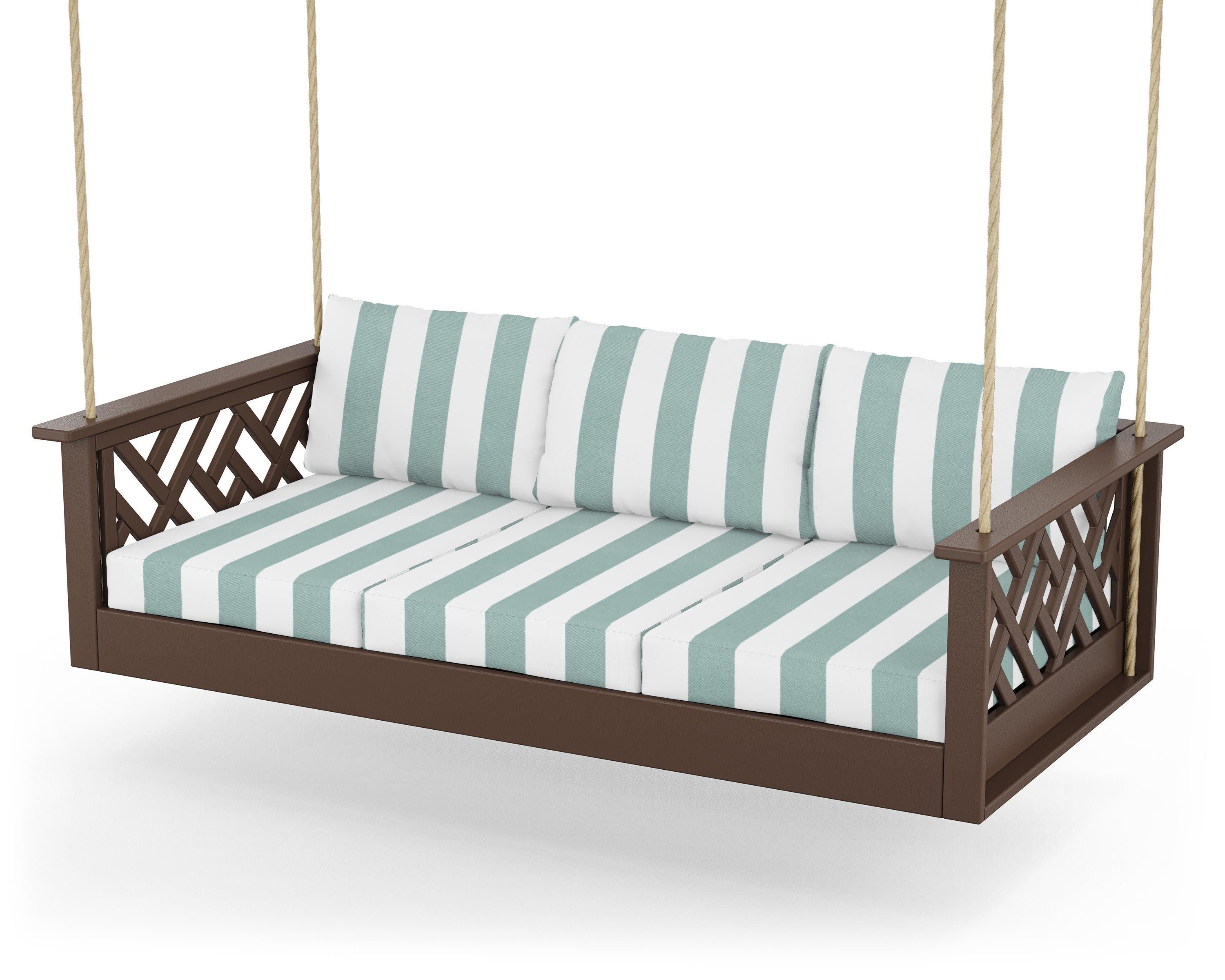 Chippendale Daybed Swing in Mahogany / Cabana Stripe Glacier Spa