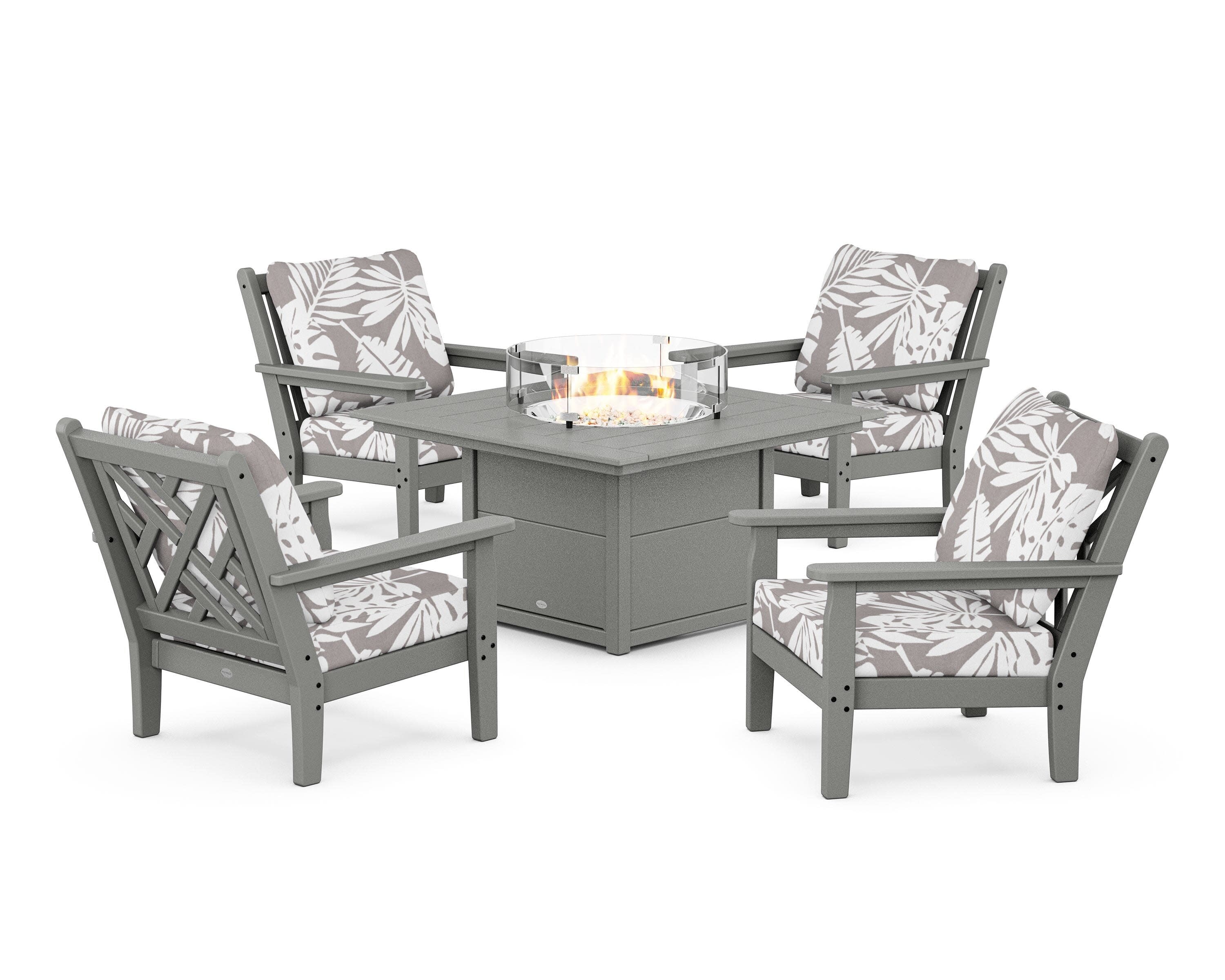 Chippendale 5-Piece Deep Seating Set with Fire Pit Table in Slate Grey / Leaf Grey Mist