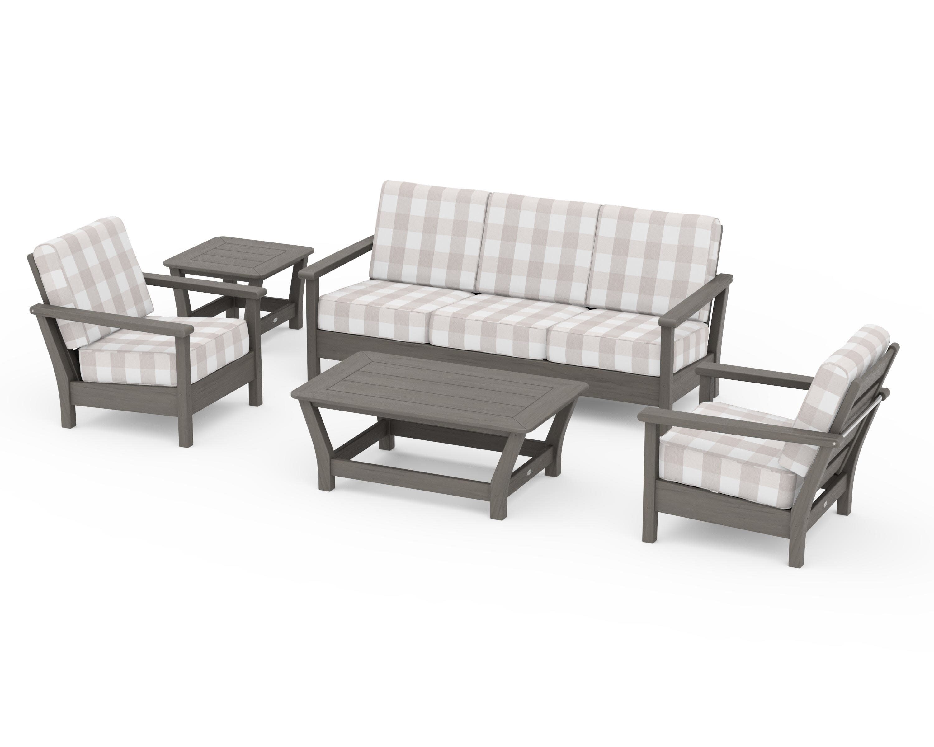 Harbour 5-Piece Deep Seating Set in Driftwood / Buffalo Plaid Dune Burlap