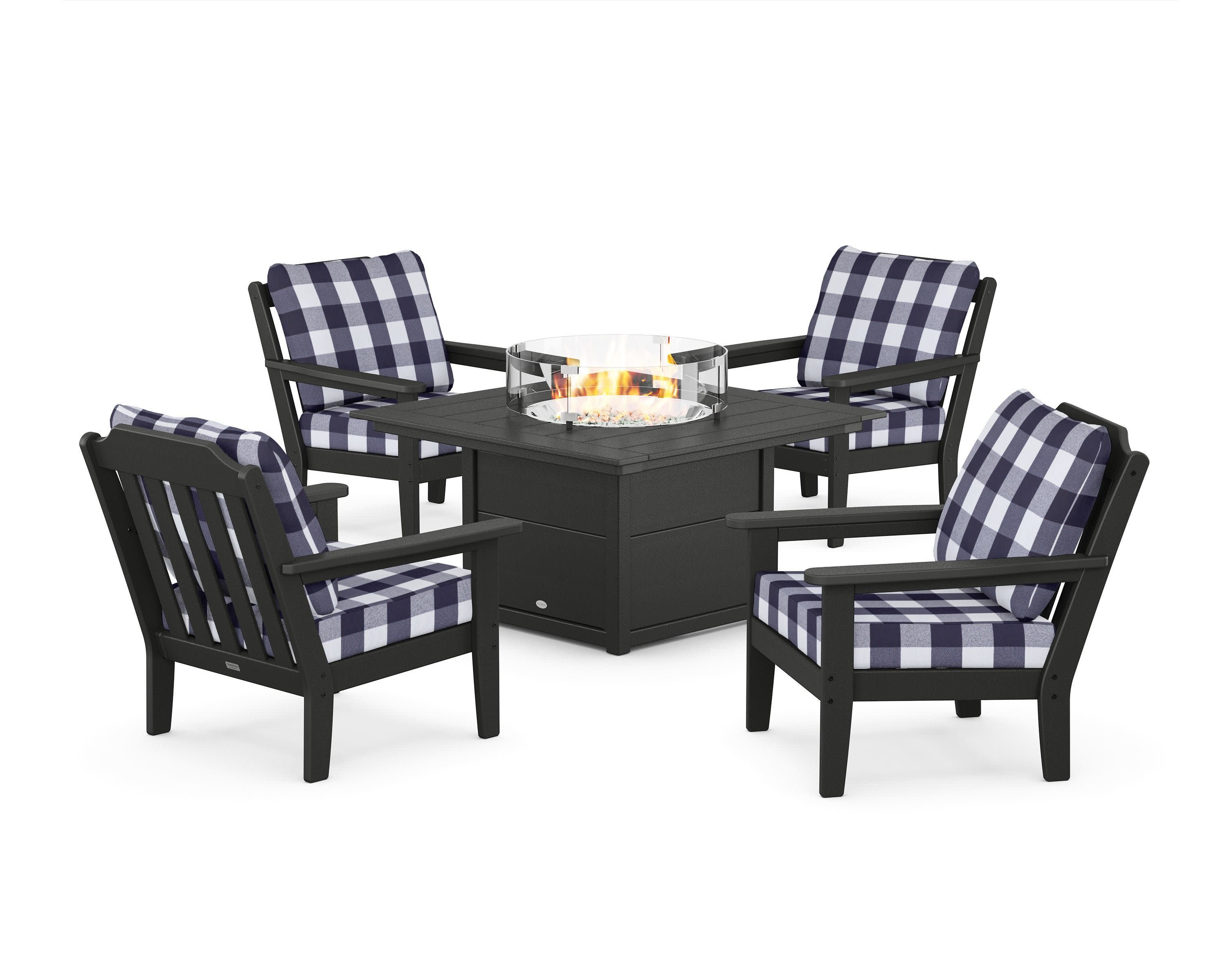 Cottage 5-Piece Deep Seating Set with Fire Pit Table in Black / Buffalo Plaid Navy