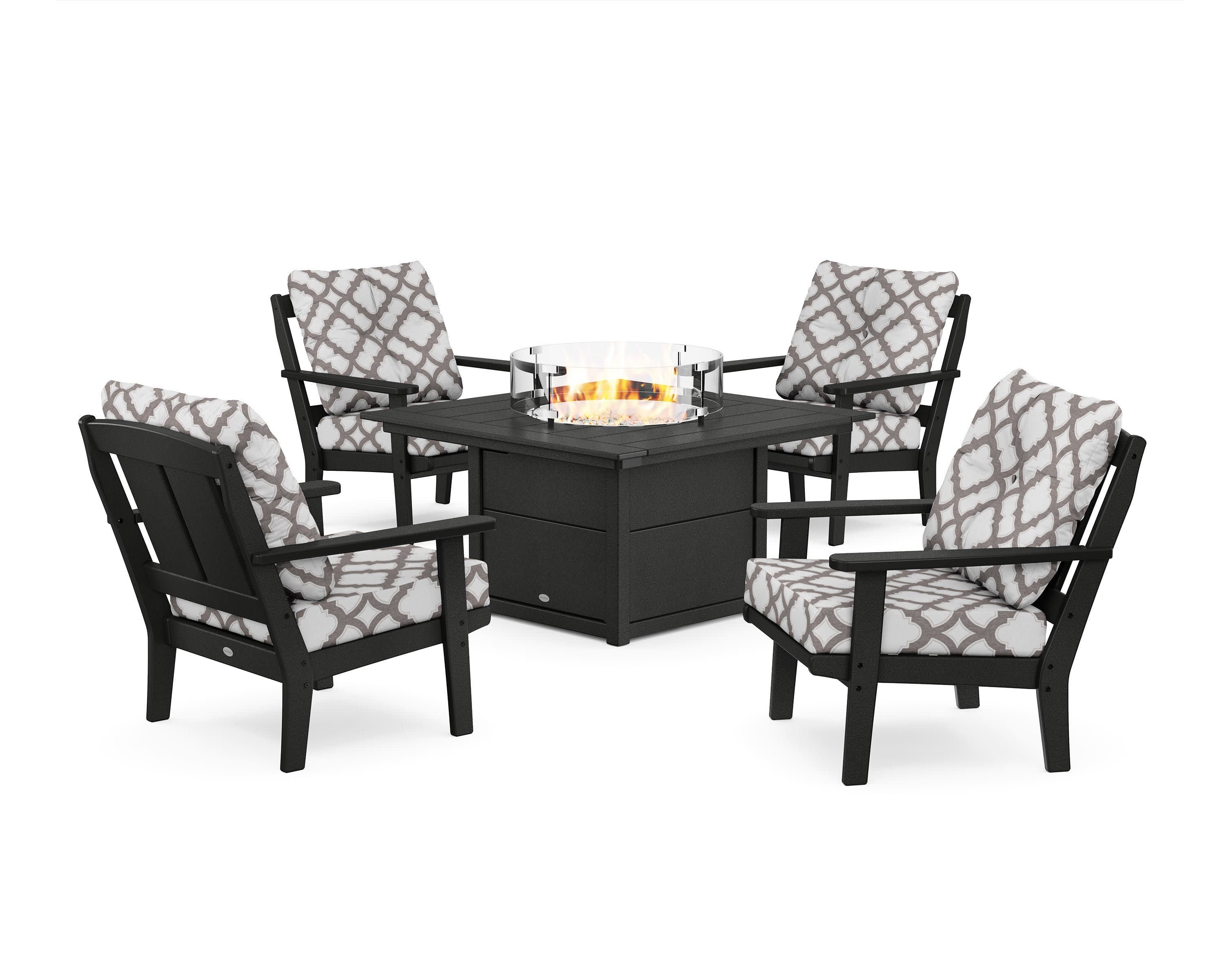 Mission 5-Piece Deep Seating Set with Fire Pit Table in Black / Trellis Grey Mist