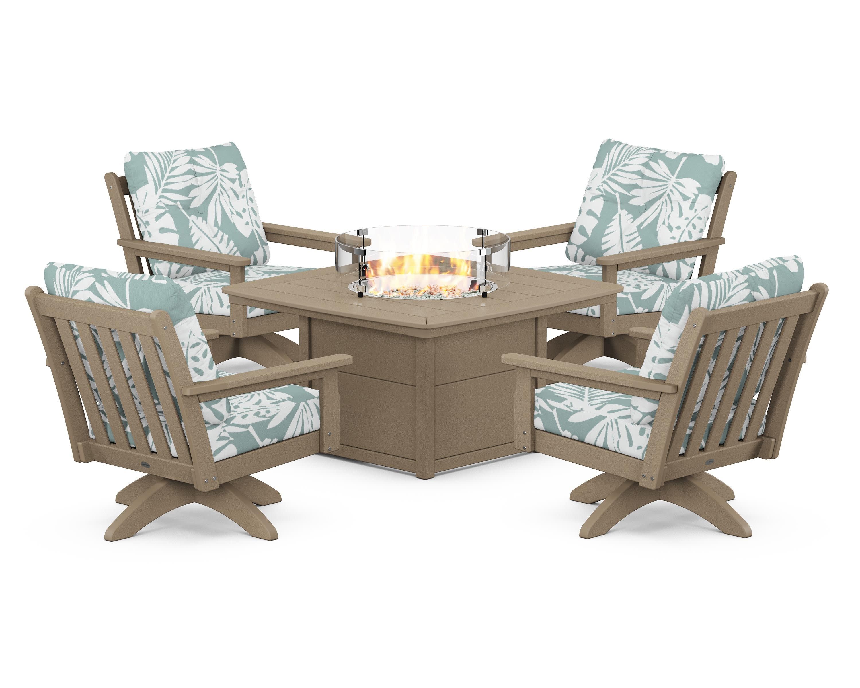 Vineyard 5-Piece Deep Seating Swivel Conversation Set with Fire Pit Table in Vintage Sahara / Leaf Glacier Spa