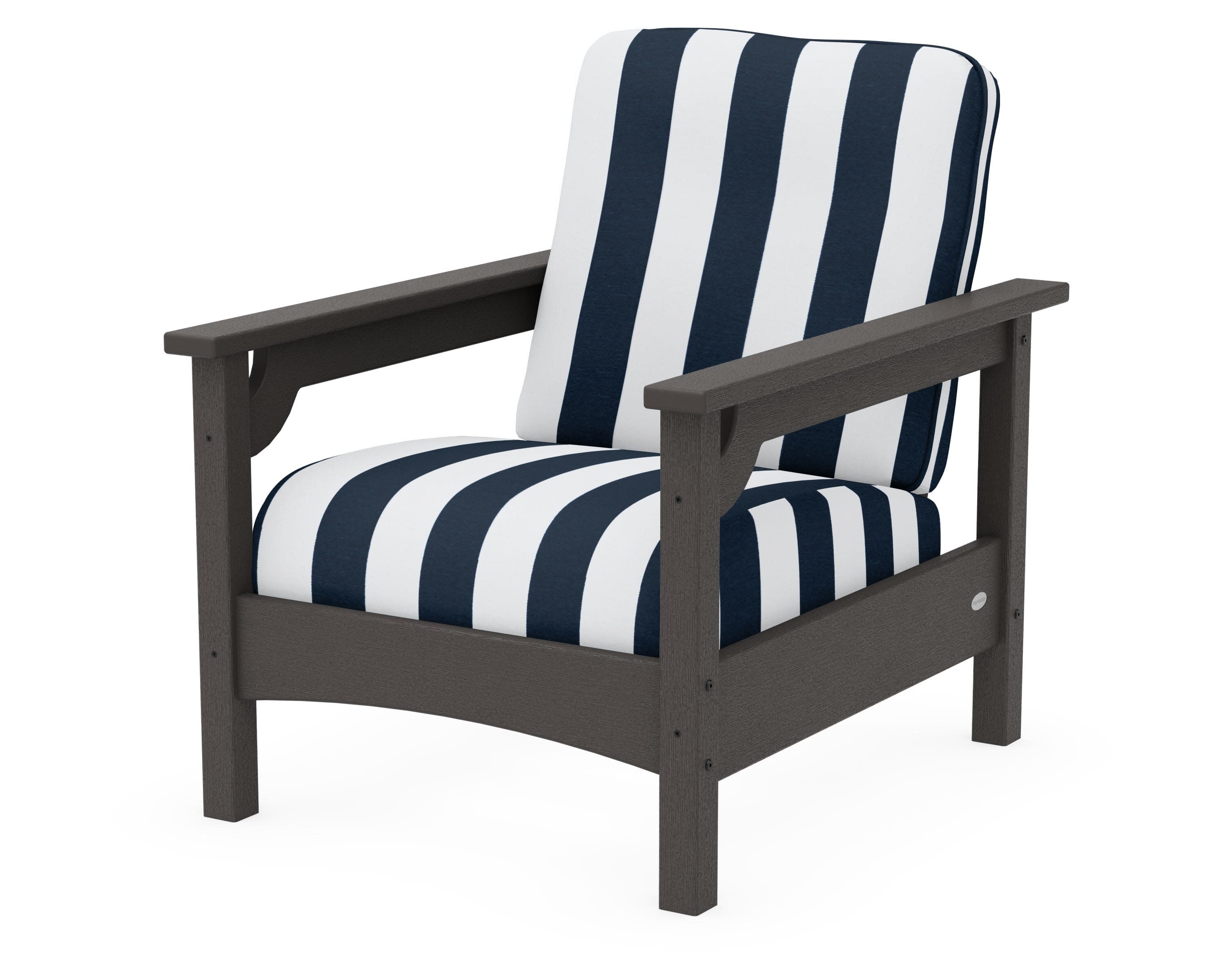 Club Chair in Vintage Coffee / Cabana Stripe Marine Indigo