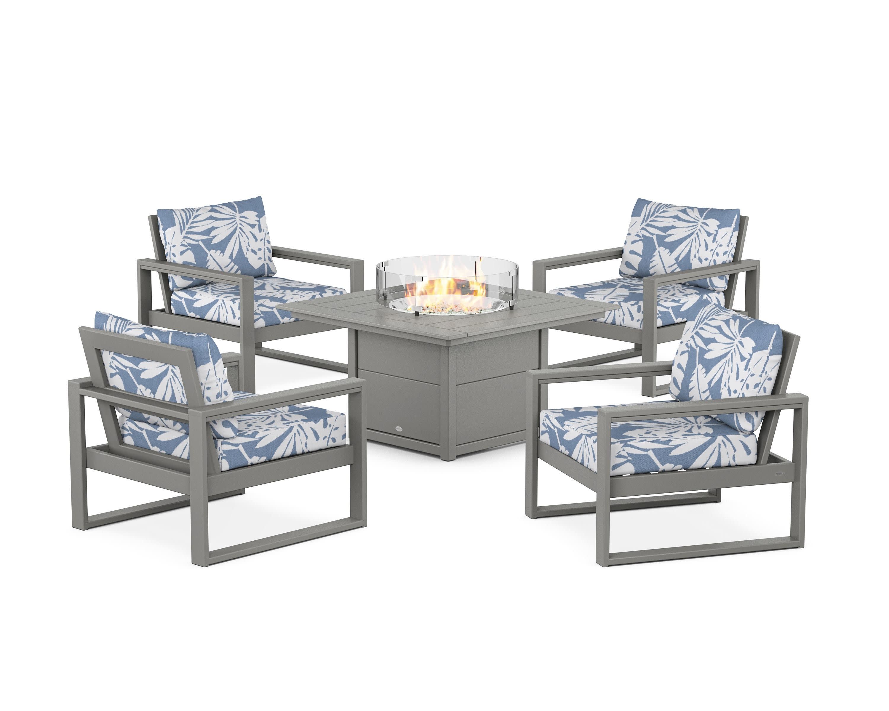 EDGE Sectional 5-Piece Deep Seating Set with Fire Pit Table in Slate Grey / Leaf Sky Blue