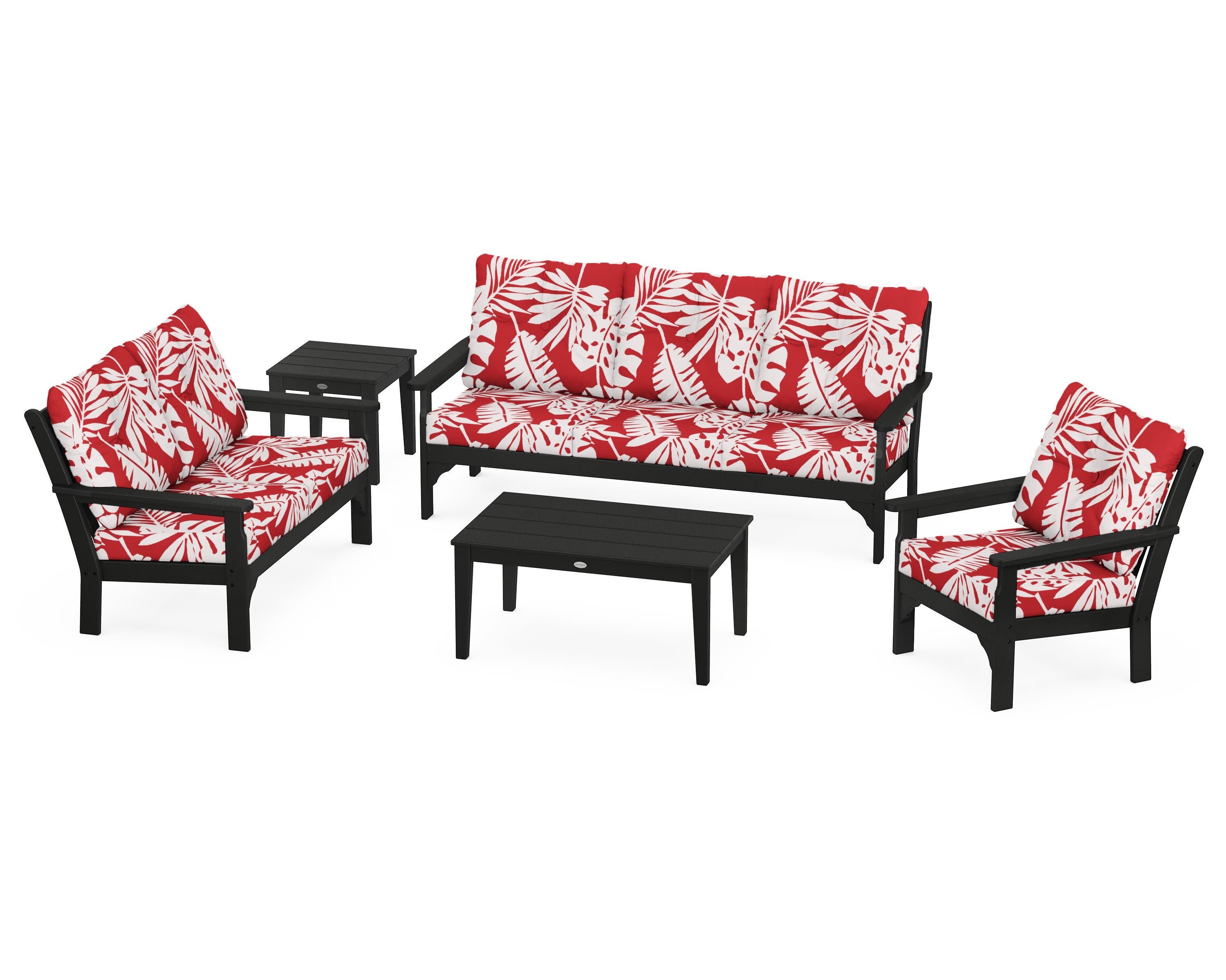Vineyard 5 Piece Deep Seating Set in Black / Leaf Crimson
