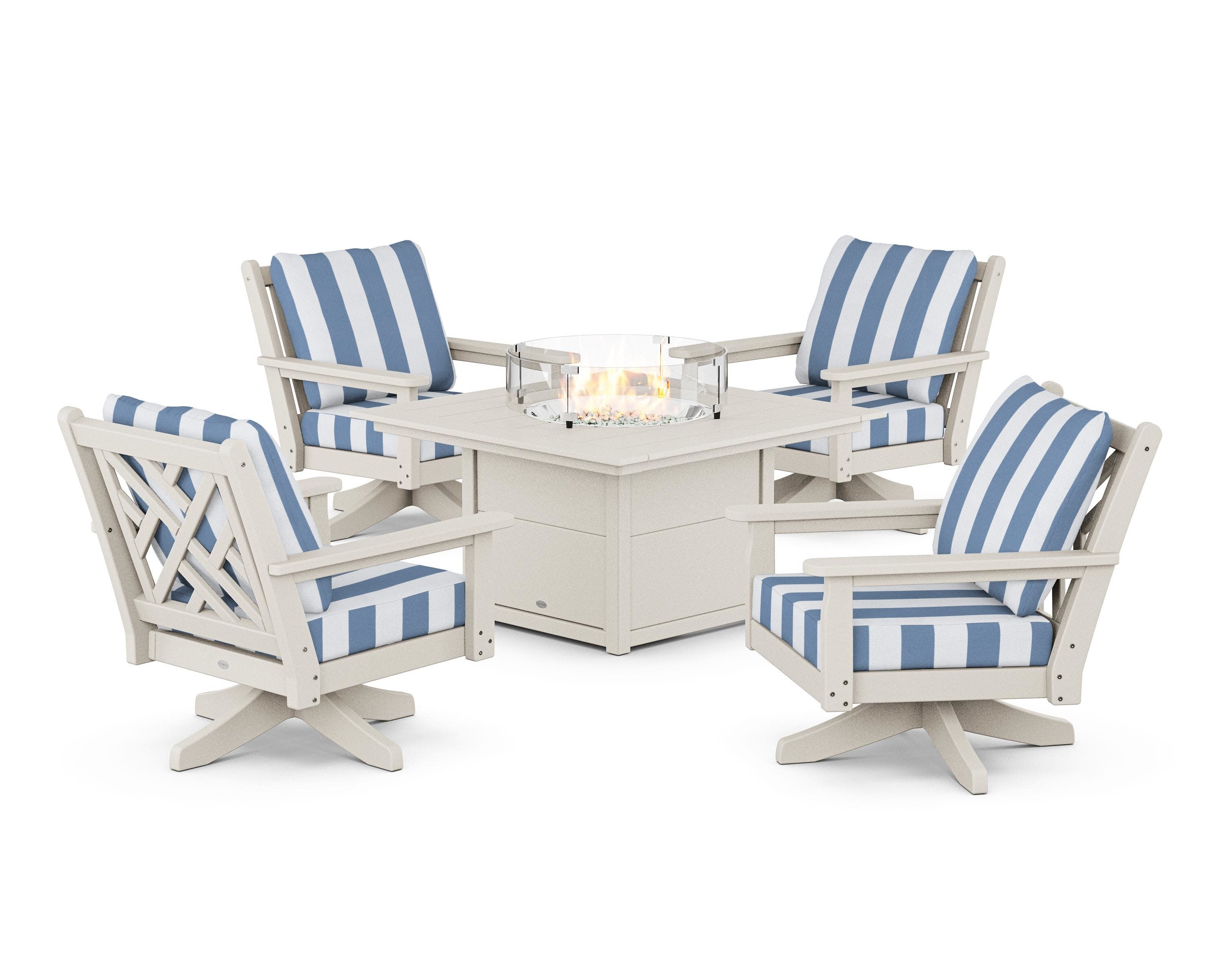 Chippendale 5-Piece Deep Seating Swivel Conversation Set with Fire Pit Table in Sand / Cabana Stripe Sky Blue