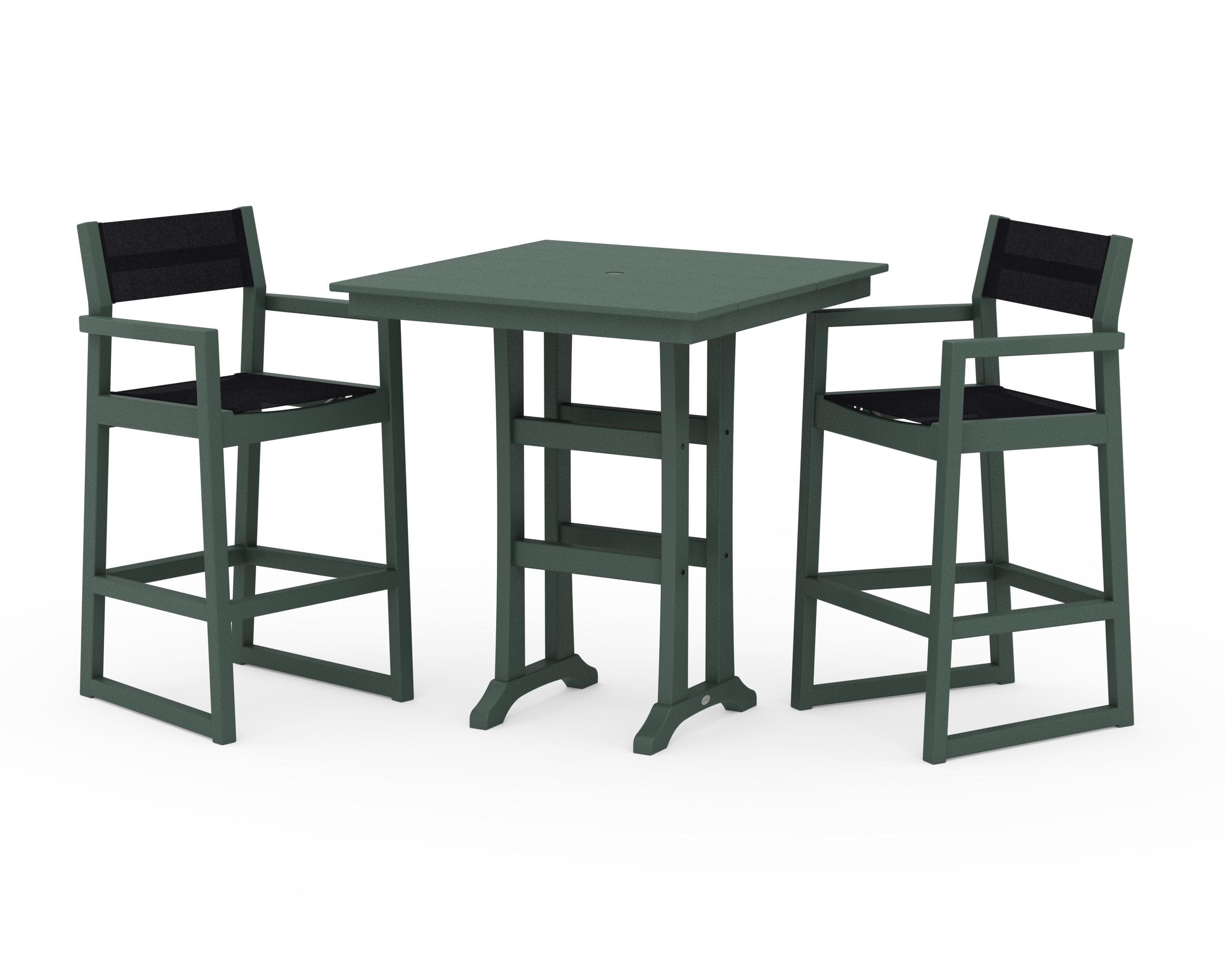 EDGE Sling Arm Chair 3-Piece Farmhouse Bar Set with Trestle Legs in Green / Black Sling